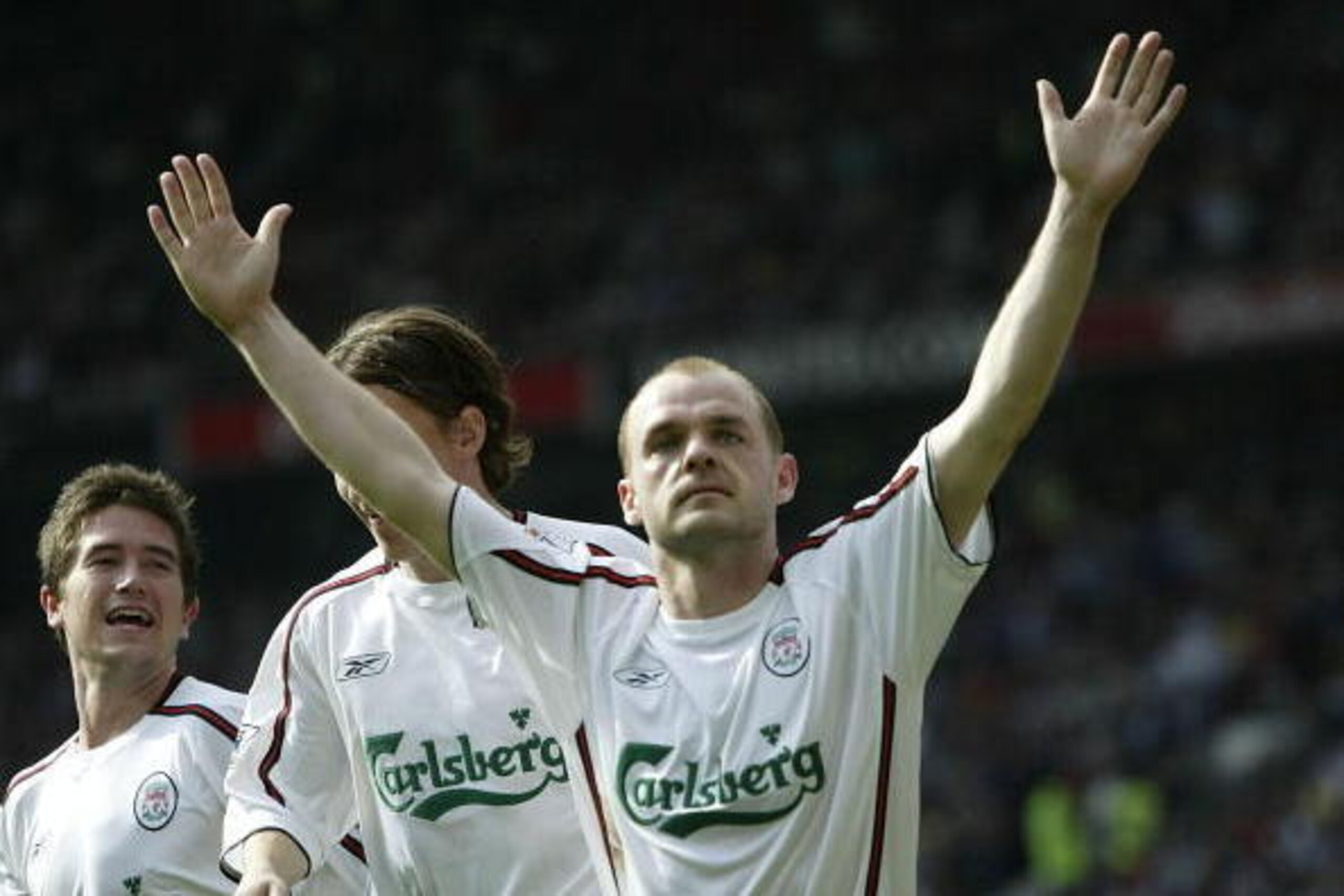 MANCHESTER, ENGLAND - APRIL 24:  Danny Murphy of Liverpool celebrates after scoring the first goal with a penalty during the FA Barclaycard Premiership match between Manchester United and Liverpool at Old Trafford on April 24, 2004 in Manchester, England.