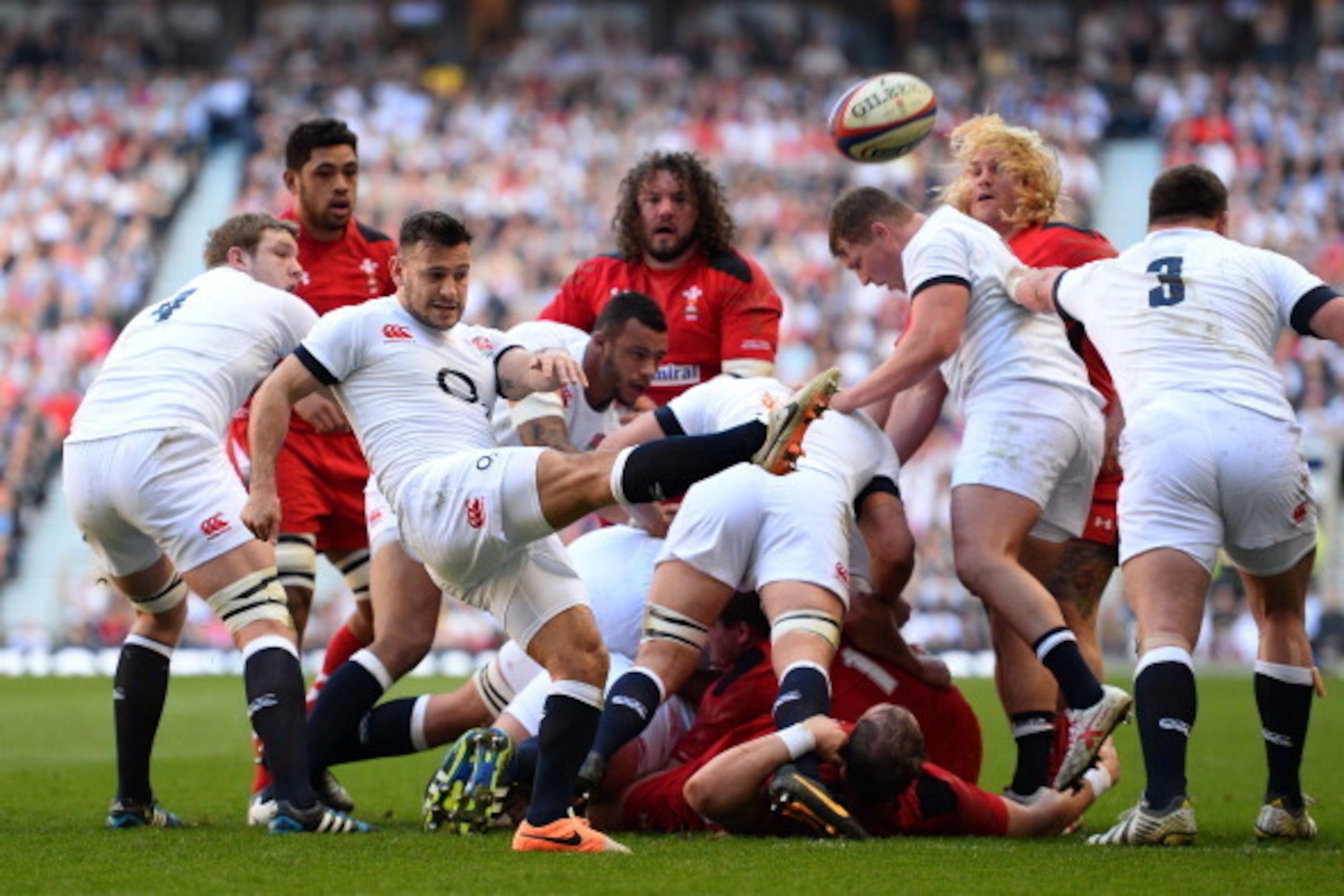 LONDON, ENGLAND - MARCH 09:  Danny Care of England clears the ball during the RBS Six Nations match between England and Wales at Twickenham Stadium on March 9, 2014 in London, England.  (Photo by Mike Hewitt/Getty Images)
