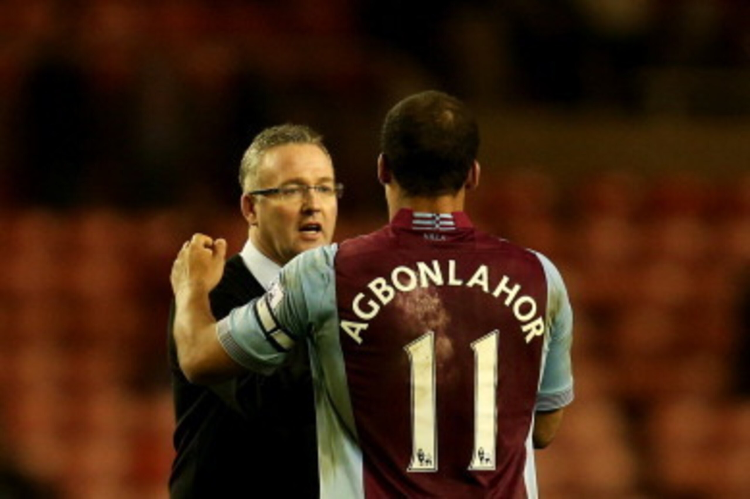 SUNDERLAND, ENGLAND - JANUARY 01:  Manager Paul Lambert of Aston Villa congratulates Gabriel Agbonlahor of Aston Villa after victory in the Barclays Premier League match between Sunderland and Aston Villa at Stadium of Light on January 1, 2014 in Sunderla