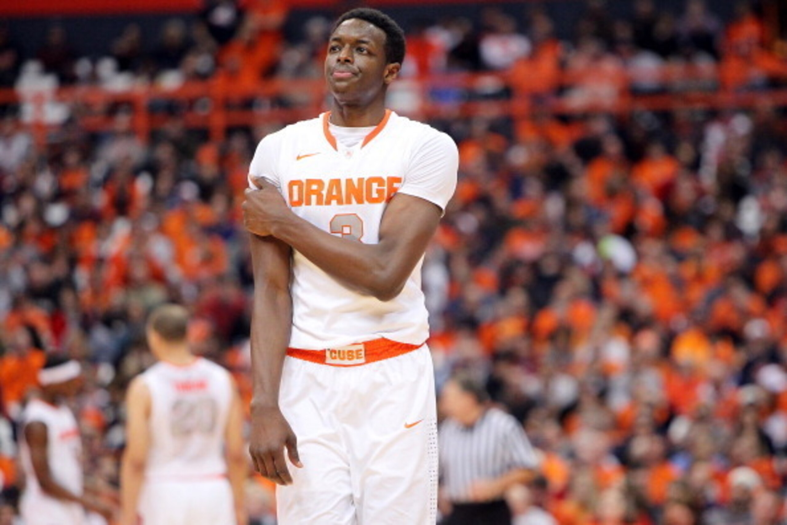 SYRACUSE, NY - FEBRUARY 4: Jerami Grant #3 of the Syracuse Orange looks on during a break in play in the game against the Notre Dame Fighting Irish at the Carrier Dome on February 4, 2013 in Syracuse, New York. (Photo by Nate Shron/Getty Images)
