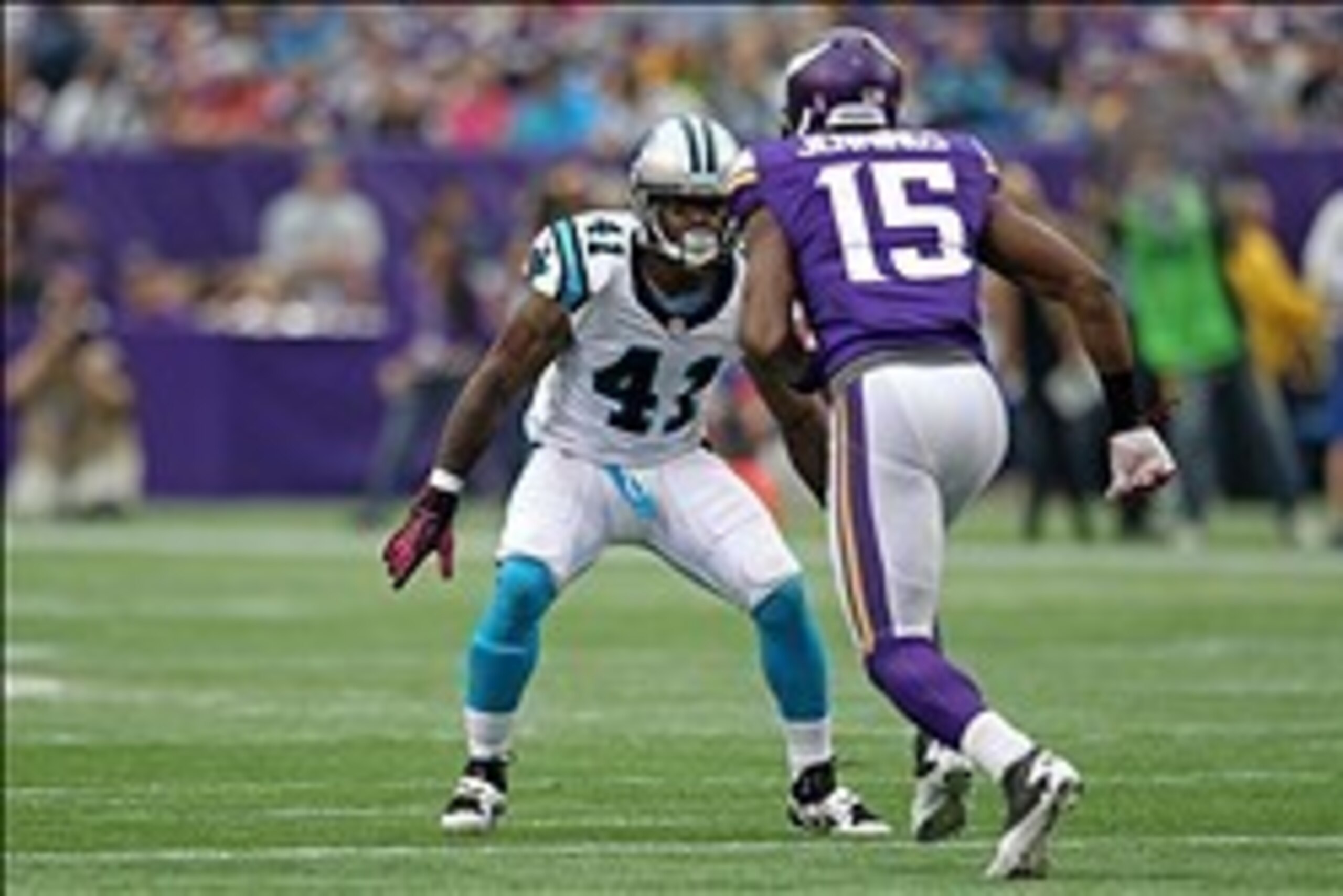 Oct 13, 2013; Minneapolis, MN, USA; Carolina Panthers cornerback Captain Munnerlyn (41) against the Minnesota Vikings at Mall of America Field at H.H.H. Metrodome. The Panthers defeated the Vikings 35-10. Mandatory Credit: Brace Hemmelgarn-USA TODAY Sport