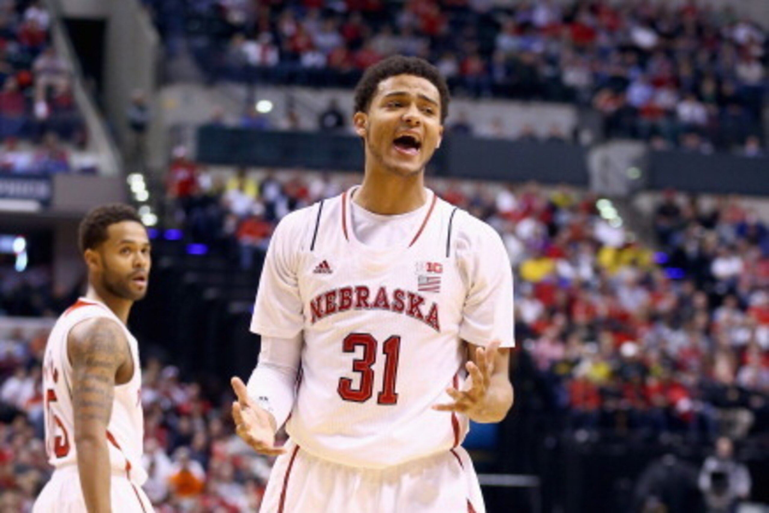 INDIANAPOLIS, IN - MARCH 14:  Shavon Shields #31 of the Nebraska Cornhuskers  reacts after being called for a foul  in the game against the Ohio State Buckeyes  during the Quarterfinals of the Big Ten Basketball Tournament at Bankers Life Fieldhouse on Ma