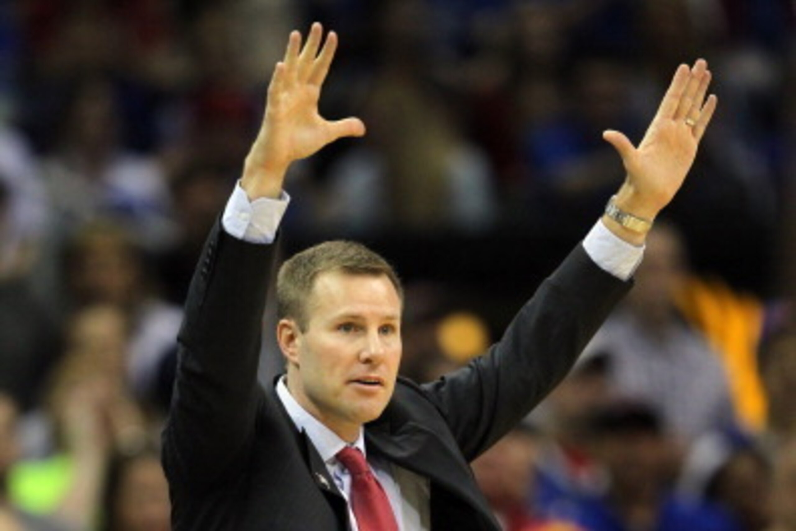 KANSAS CITY, MO - MARCH 14:  Head coach Fred Hoiberg of the Iowa State Cyclones reacts from the bench during the Big 12 Basketball Tournament semifinal game against the Kansas Jayhawks at Sprint Center on March 14, 2014 in Kansas City, Missouri.  (Photo b