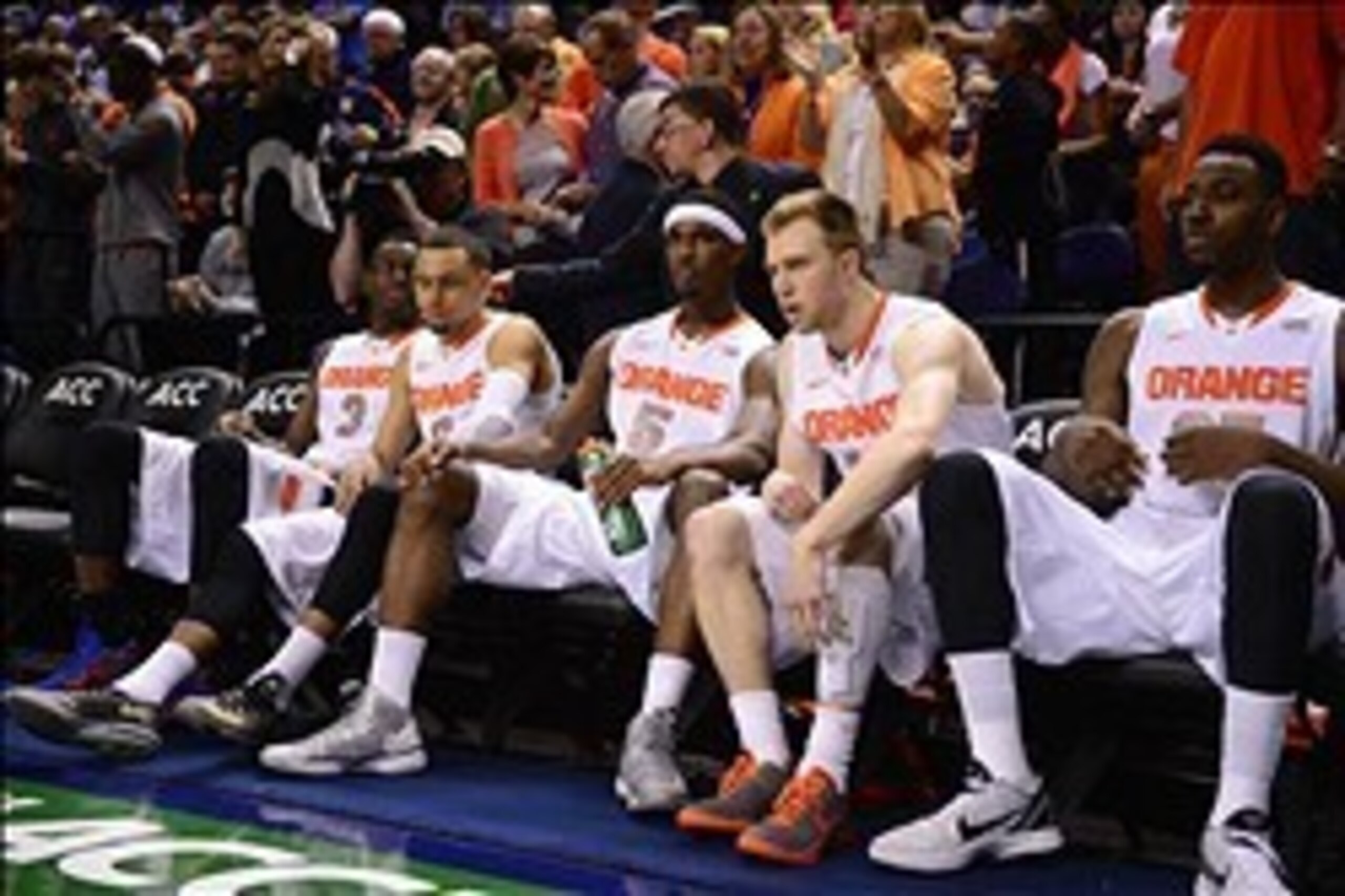 Mar 14, 2014; Greensboro, NC, USA; Syracuse Orange forward Jerami Grant (3) and guard Tyler Ennis (11) and forward C.J. Fair (5) and guard Trevor Cooney (10) and forward Rakeem Christmas (25) during player introductions in the quarterfinals of the ACC co Mar 14, 2014; Greensboro, NC, USA; Syracuse Orange forward Jerami Grant (3) and guard Tyler Ennis (11) and forward C.J. Fair (5) and guard Trevor Cooney (10) and forward Rakeem Christmas (25) during player introductions in the quarterfinals of the ACC co