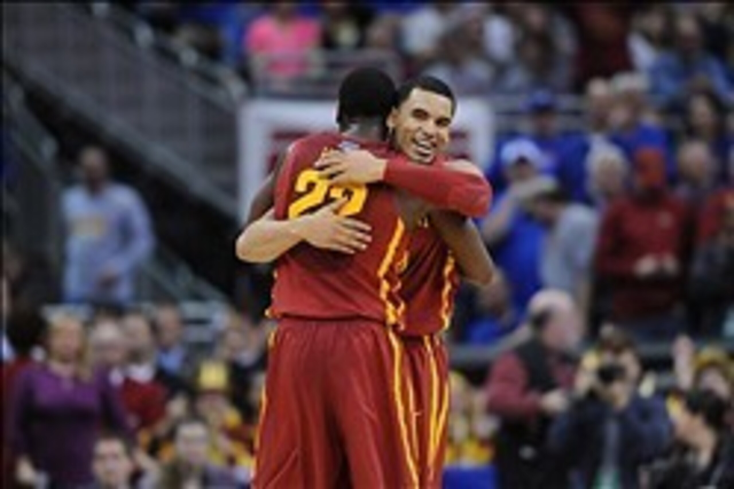 Mar 14, 2014; Kansas City, MO, USA; Iowa State Cyclones forward Dustin Hogue (22) and guard Naz Long (15) celebrate during the second half against the Kansas Jayhawks in the semifinals of the Big 12 Conference college basketball tournament at Sprint Cente
