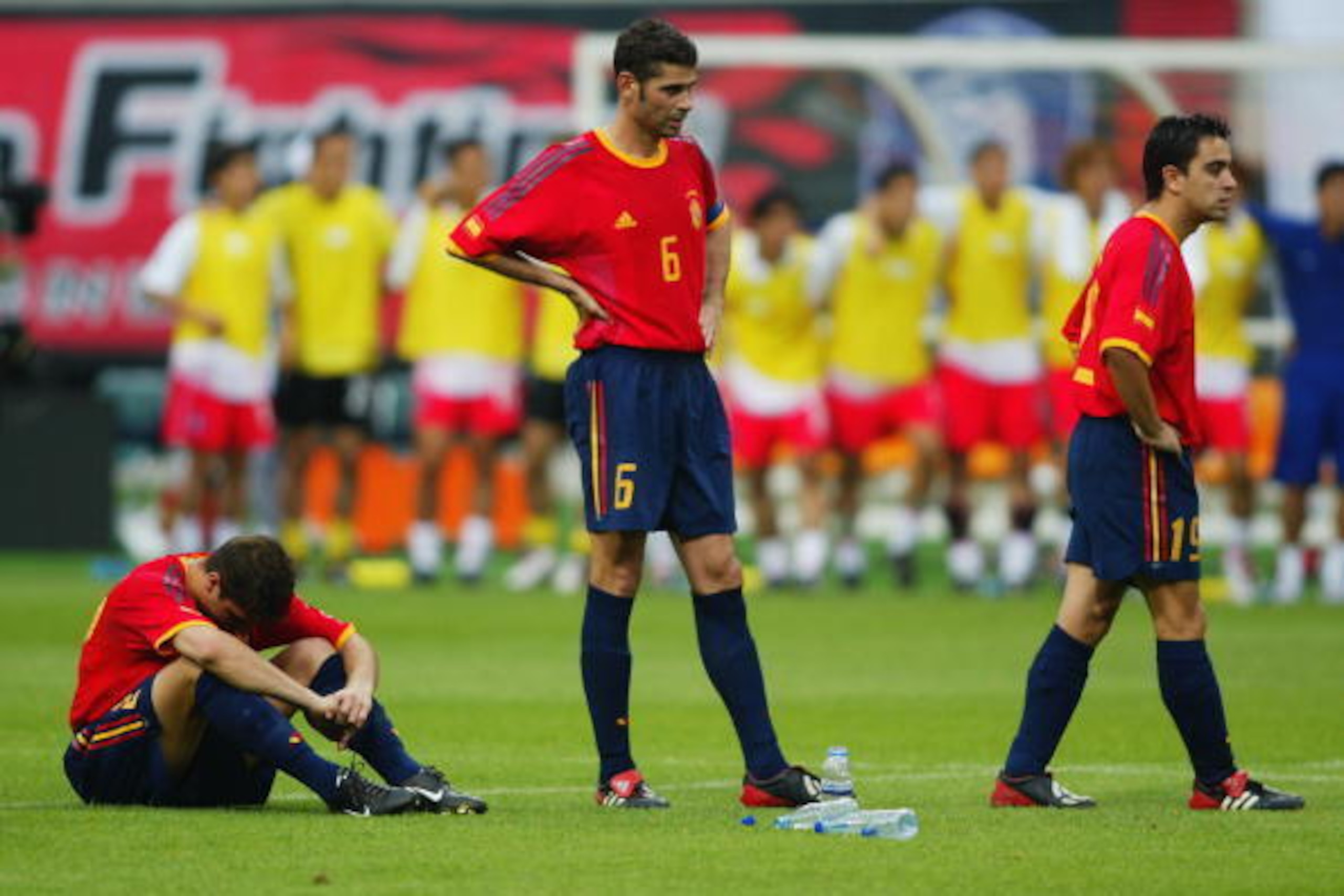 GWANGJU - JUNE 22:  Joaquin (left) of Spain is dejected as he misses the penalty that loses the penalty shoot-out during the FIFA World Cup Finals 2002 Quarter Finals match between Spain and South Korea played at the Gwangju World Cup Stadium, in Gwangju,