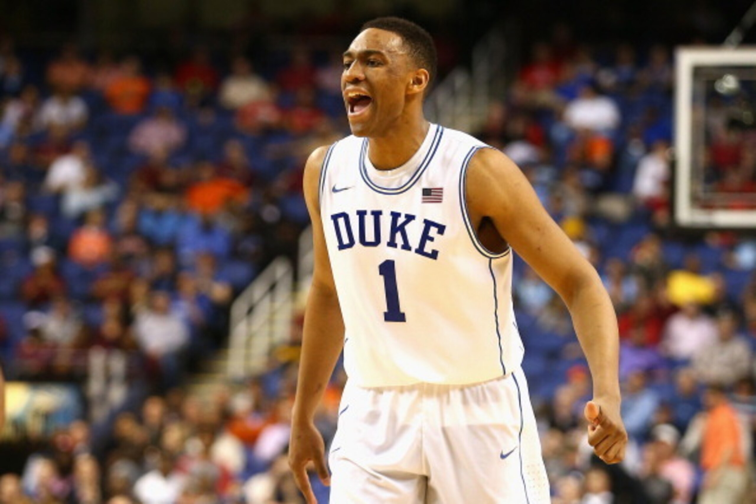 GREENSBORO, NC - MARCH 14:  Jabari Parker #1 of the Duke Blue Devils reacts against the Clemson Tigers during the quarterfinals of the 2014 Men's ACC Basketball Tournament at Greensboro Coliseum on March 14, 2014 in Greensboro, North Carolina.  (Photo by 