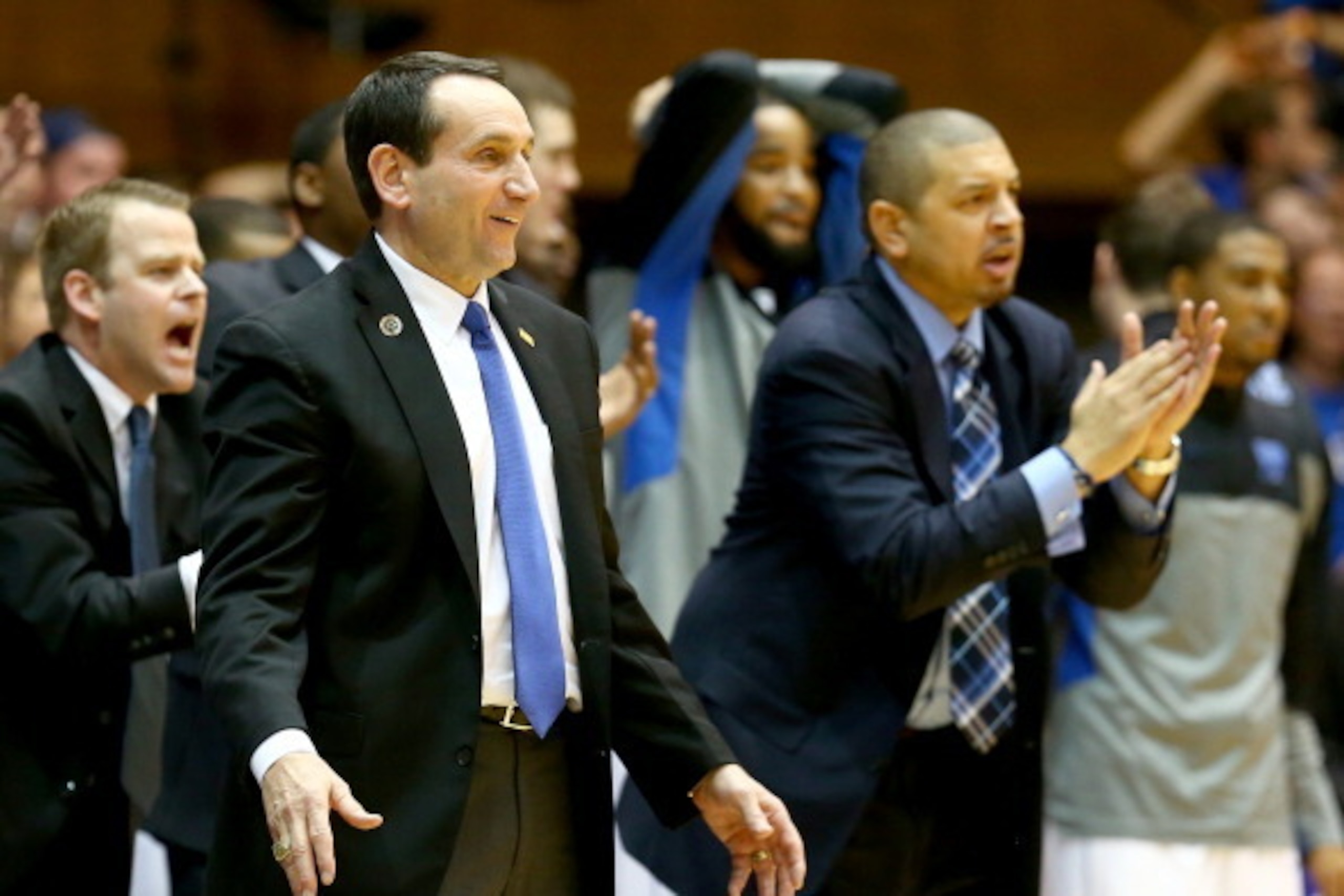 DURHAM, NC - MARCH 08:  Head coach Mike Krzyzewski of the Duke Blue Devils during their game at Cameron Indoor Stadium on March 8, 2014 in Durham, North Carolina.  (Photo by Streeter Lecka/Getty Images)