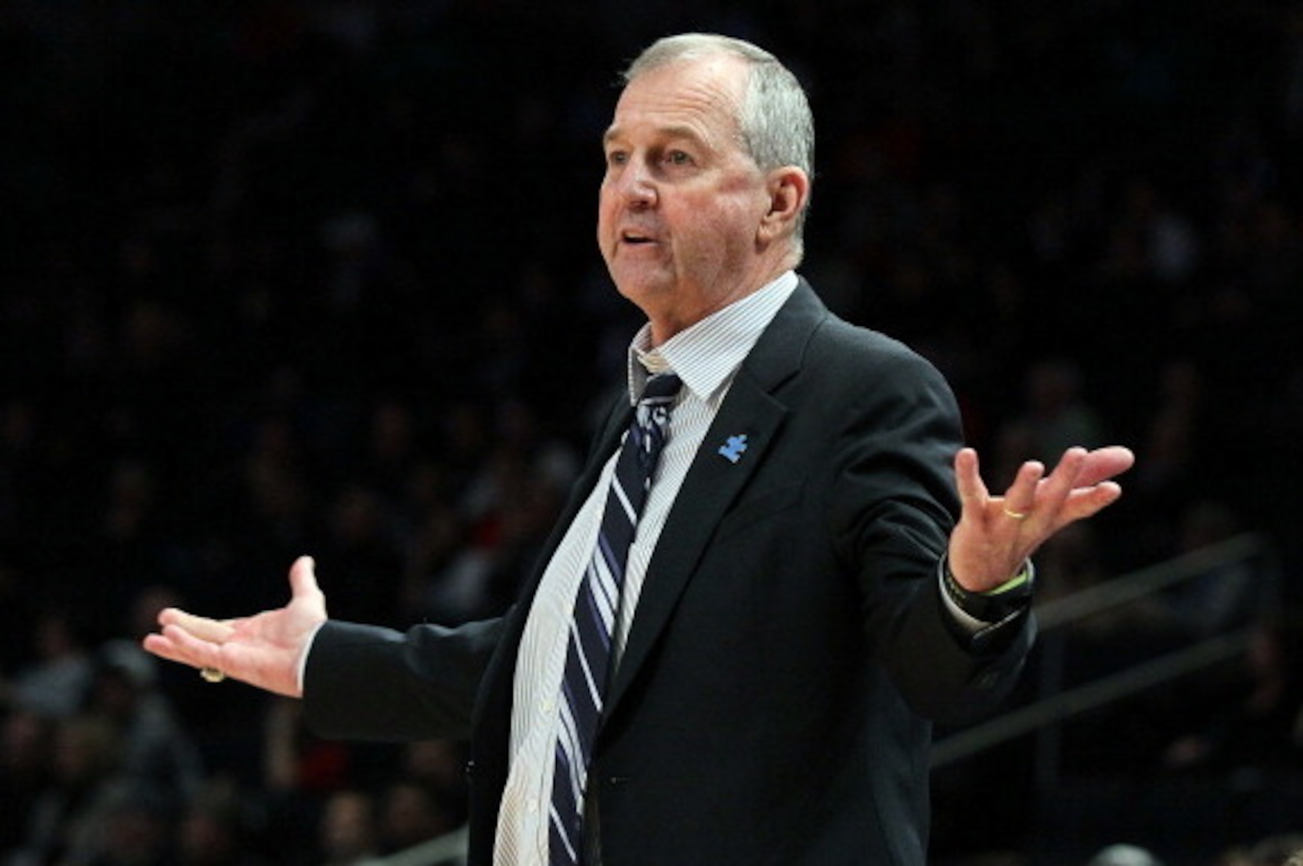 NEW YORK, NY - MARCH 06:  Head coach Jim Calhoun of the Connecticut Huskies reacts against the DePaul Blue Demons during their first round game of the 2012 Big East Men's Basketball Tournament at Madison Square Garden on March 6, 2012 in New York City.  (