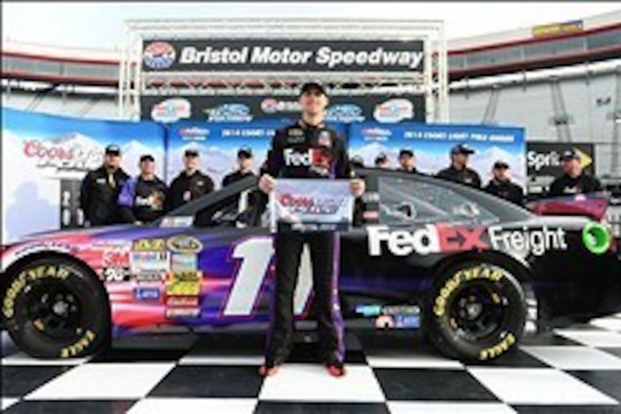 Mar 14, 2014; Bristol, TN, USA; NASCAR Sprint Cup Series driver Denny Hamlin after winning the pole award during qualifying for the Food City 500 at Bristol Motor Speedway. Mandatory Credit: Andrew Weber-USA TODAY Sports