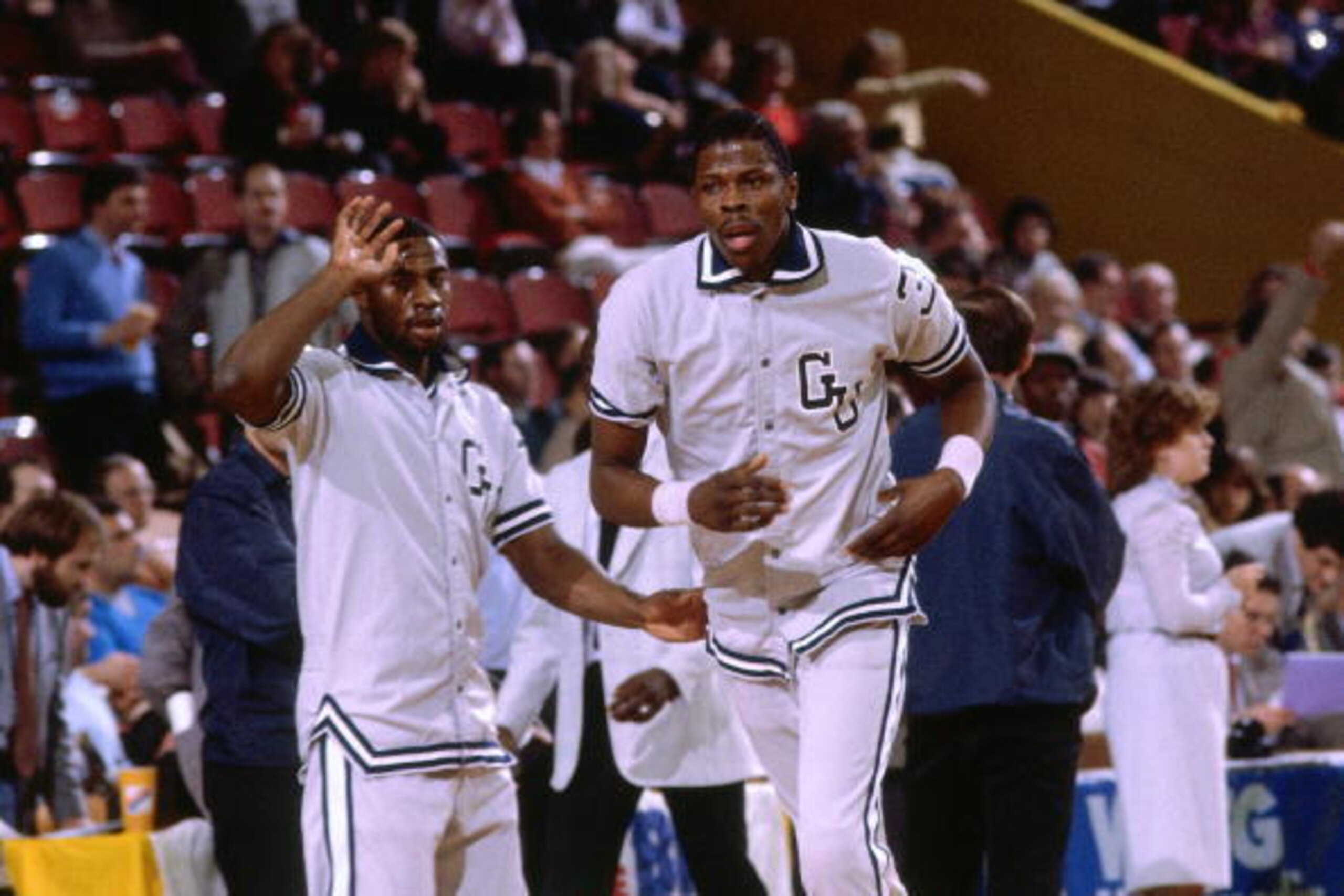 BOSTON - 1983:  Patrick Ewing #33 of the Georgetown University walks on the court during warm-ups prior to NCAA game played in 1983 at the Boston Garden in Boston, Massachusetts. NOTE TO USER: User expressly acknowledges and agrees that, by downloading an