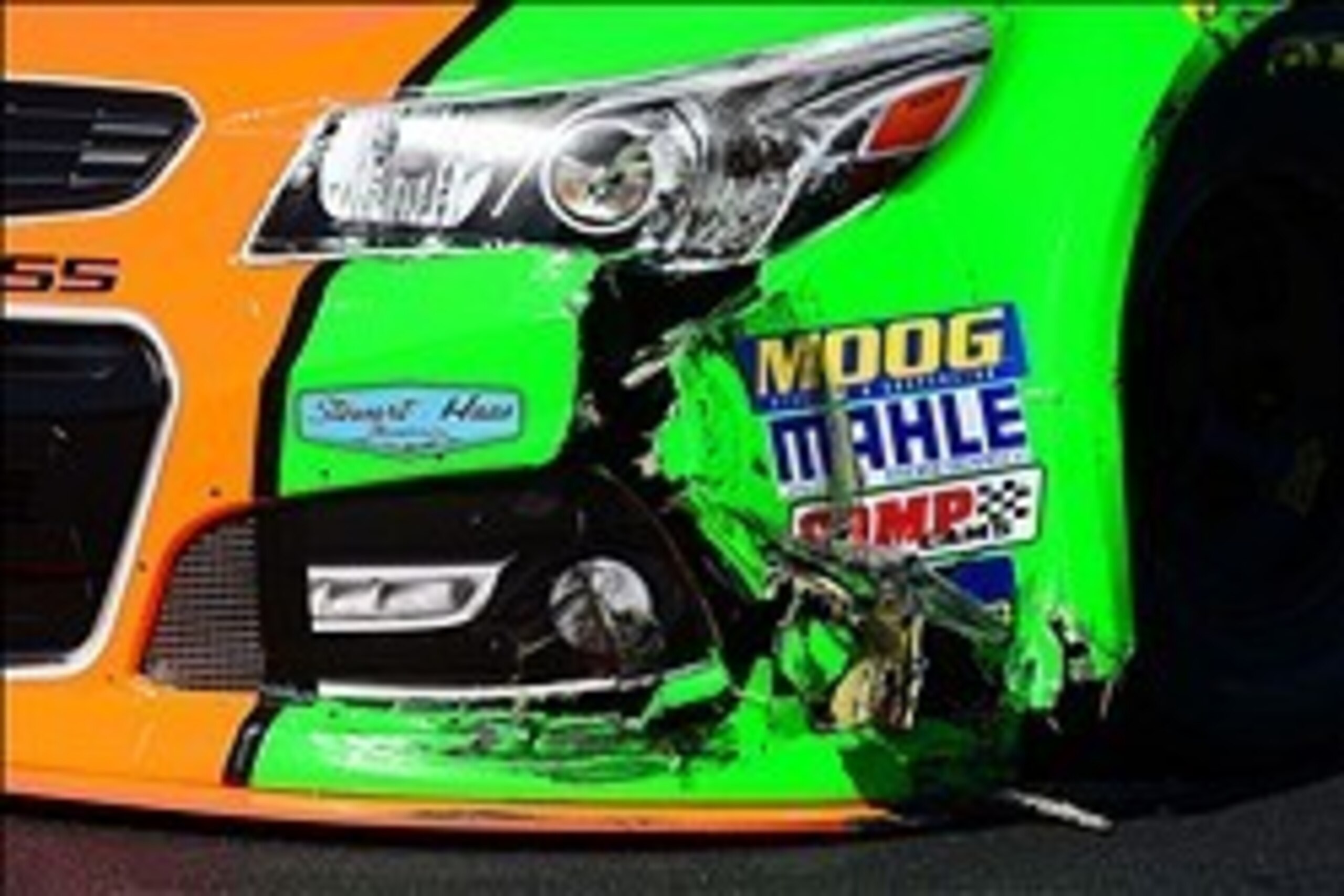 Mar 14, 2014; Bristol, TN, USA; Detailed view of the crashed car of NASCAR Sprint Cup Series driver Danica Patrick during practice for the Food City 500 at Bristol Motor Speedway. Mandatory Credit: Andrew Weber-USA TODAY Sports