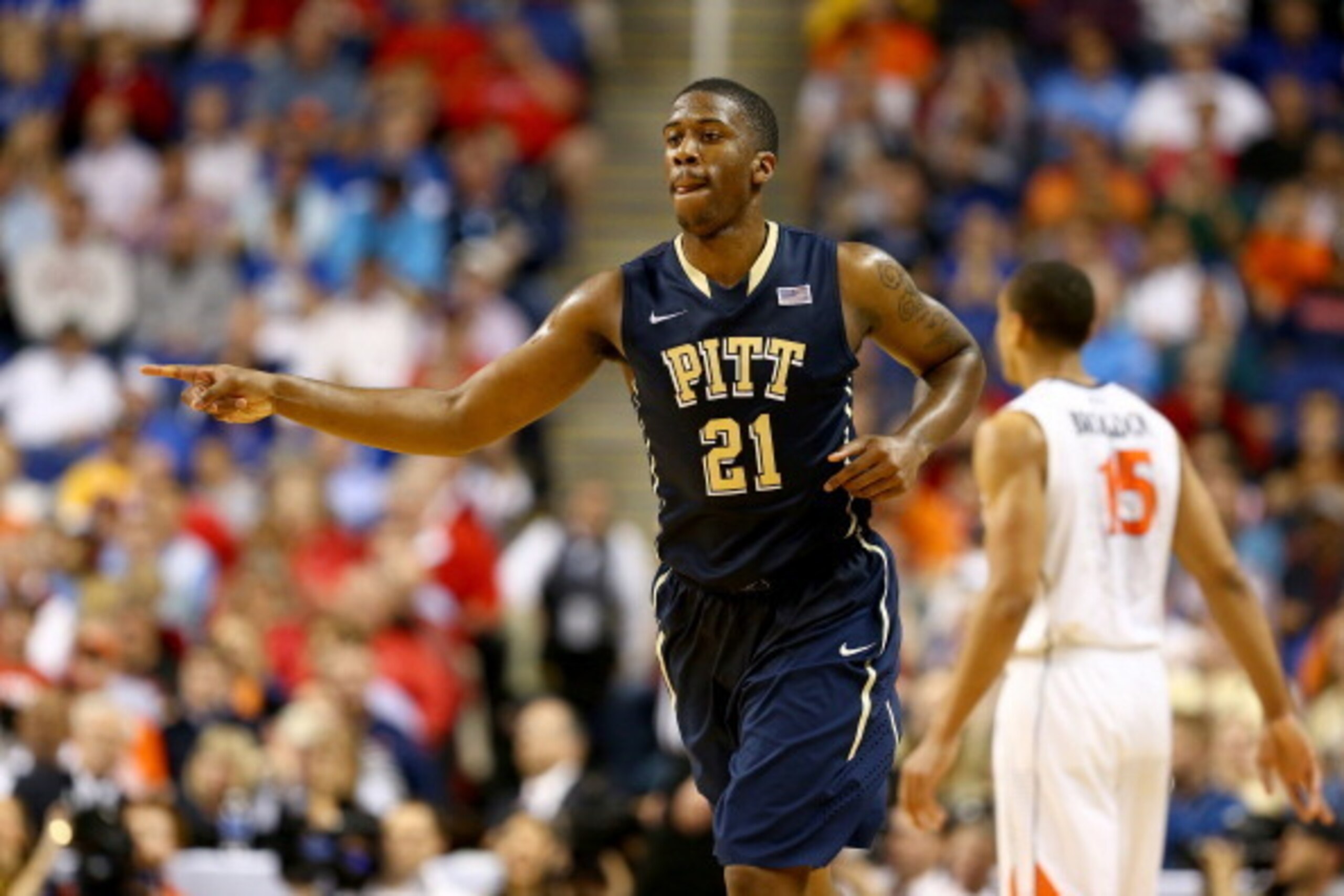 GREENSBORO, NC - MARCH 15:  Lamar Patterson #21 of the Pittsburgh Panthers reacts against the Virginia Cavaliers during the semifinals of the 2014 Men's ACC Basketball Tournament at Greensboro Coliseum on March 15, 2014 in Greensboro, North Carolina.  (Ph
