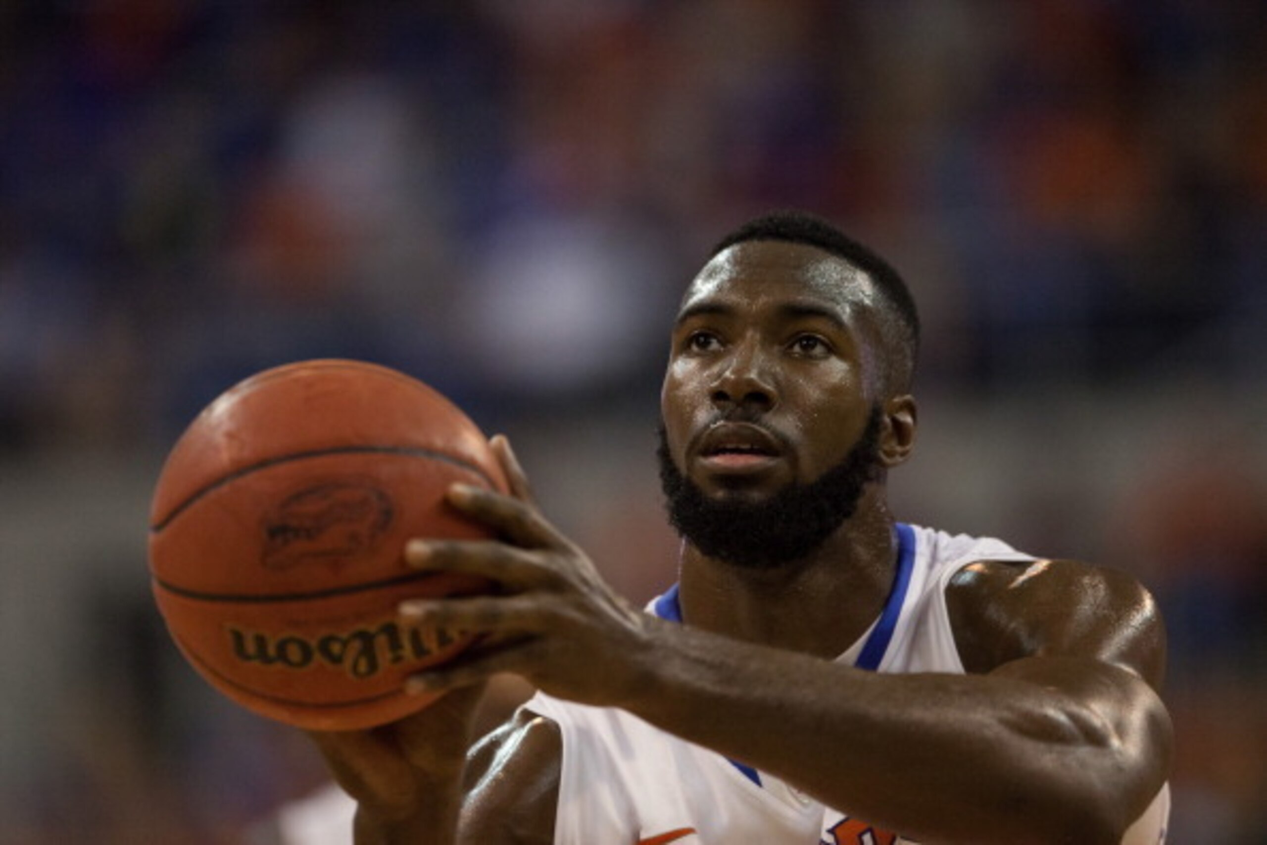GAINESVILLE, FL - FEBRUARY 01: Patric Young #4 of the Florida Gators shoots a free throw during the game against the Texas A&M Aggies at the Stephen C. O'Connell Center on February 01, 2014 in Gainesville, Florida. (Photo by Rob Foldy/Getty Images)