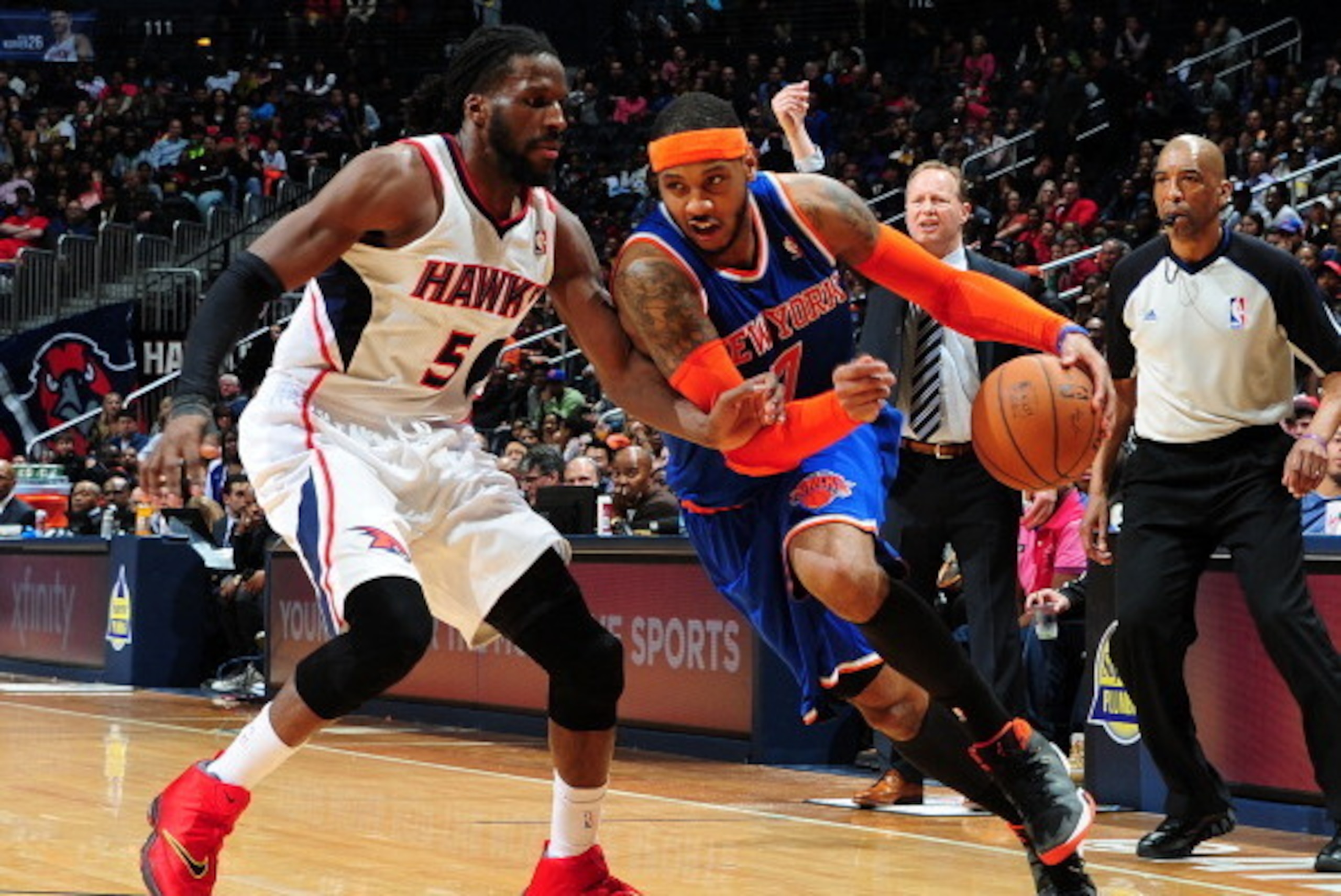 ATLANTA, GA - FEBRUARY 22:  Carmelo Anthony #7 of the New York Knicks handles the ball during a game against the Atlanta Hawks on February 22, 2014 at Philips Arena in Atlanta, Georgia.  NOTE TO USER: User expressly acknowledges and agrees that, by downlo