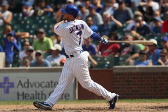 CHICAGO, IL - AUGUST 15:  Brett Jackson #7 of the Chicago Cubs bats against the Houston Astros at Wrigley Field on August 15, 2012 in Chicago, Illinois. The Cubs defeated the Astros 7-2.  (Photo by Jonathan Daniel/Getty Images)