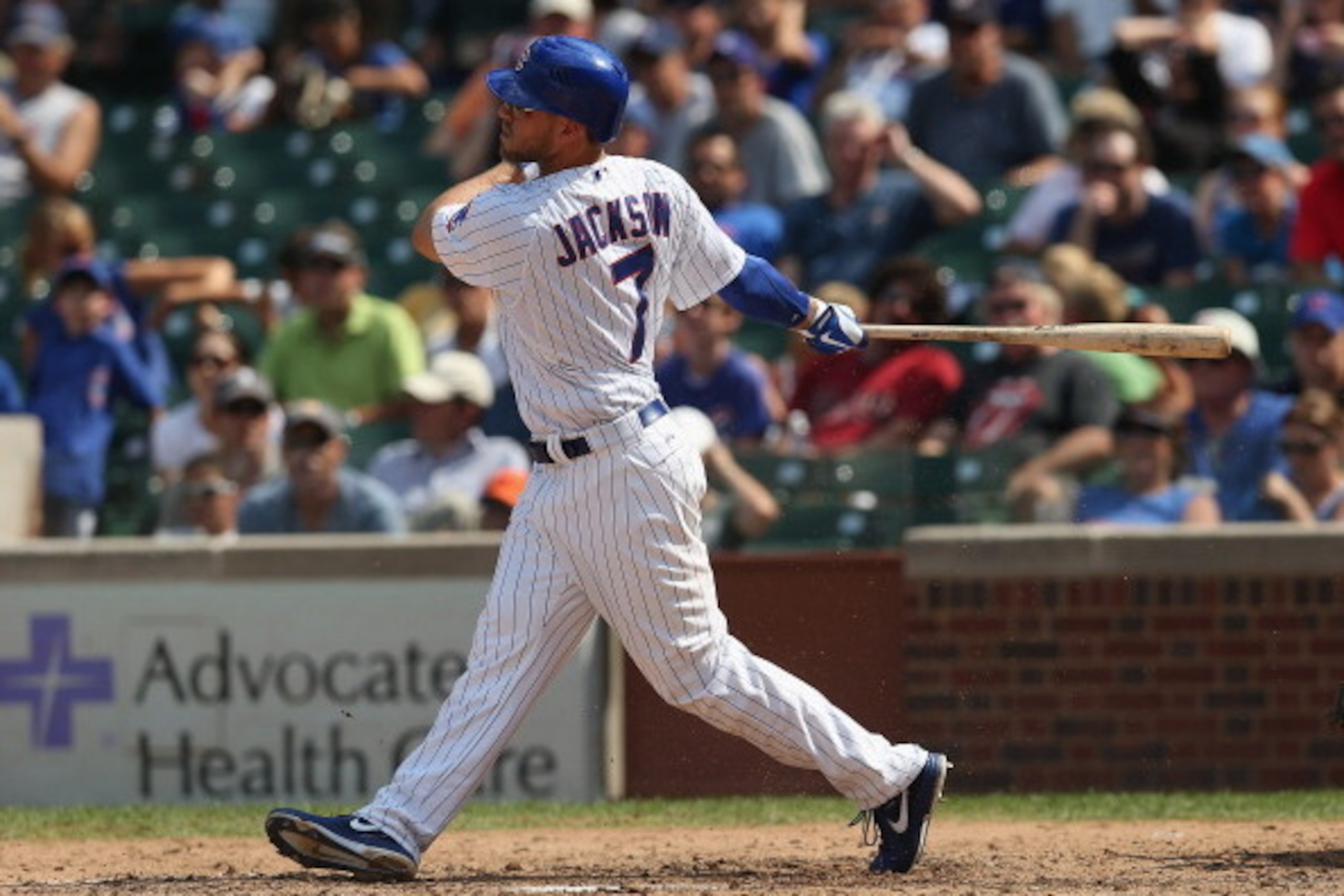 CHICAGO, IL - AUGUST 15:  Brett Jackson #7 of the Chicago Cubs bats against the Houston Astros at Wrigley Field on August 15, 2012 in Chicago, Illinois. The Cubs defeated the Astros 7-2.  (Photo by Jonathan Daniel/Getty Images)
