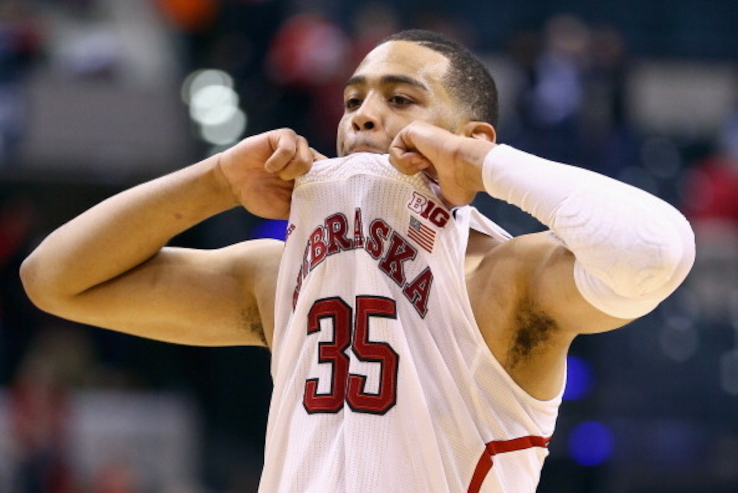 INDIANAPOLIS, IN - MARCH 14:  Walter Pitchford #35 of the Nebraska Cornhuskers walks off of the court after the 71-67 loss to the Ohio State Buckeyes during the Quarterfinals of the Big Ten Basketball Tournament at Bankers Life Fieldhouse on March 14, 201