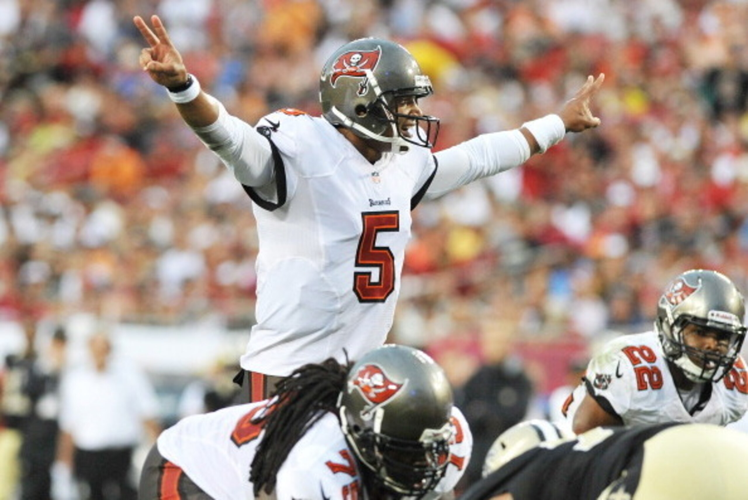 TAMPA, FL - SEPTEMBER 15: Quarterback Josh Freeman #5 of the Tampa Bay Buccaneers directs play against the New Orleans Saints September 15, 2013 at Raymond James Stadium in Tampa, Florida. The Saints won 16 - 14. (Photo by Al Messerschmidt/Getty Images)
