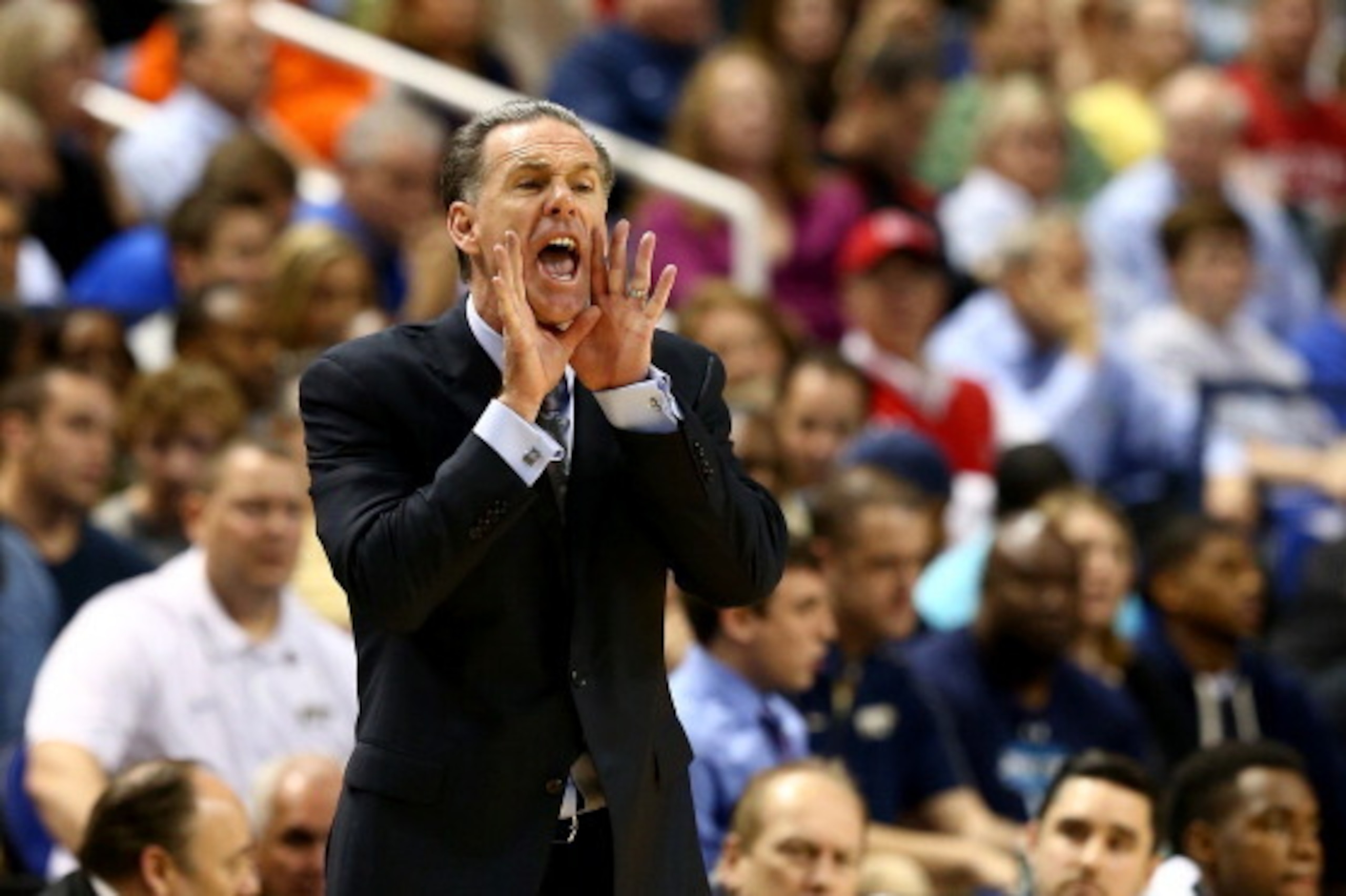 GREENSBORO, NC - MARCH 15:  Head coach Jim Boeheim of the Pittsburgh Panthers reacts against the Virginia Cavaliers during the semifinals of the 2014 Men's ACC Basketball Tournament at Greensboro Coliseum on March 15, 2014 in Greensboro, North Carolina.  