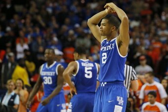 ATLANTA, GA - MARCH 16:  Aaron Harrison #2 of the Kentucky Wildcats reacts in the second half against the Florida Gators during the Championship game of the 2014 Men's SEC Basketball Tournament at Georgia Dome on March 16, 2014 in Atlanta, Georgia.  (Phot