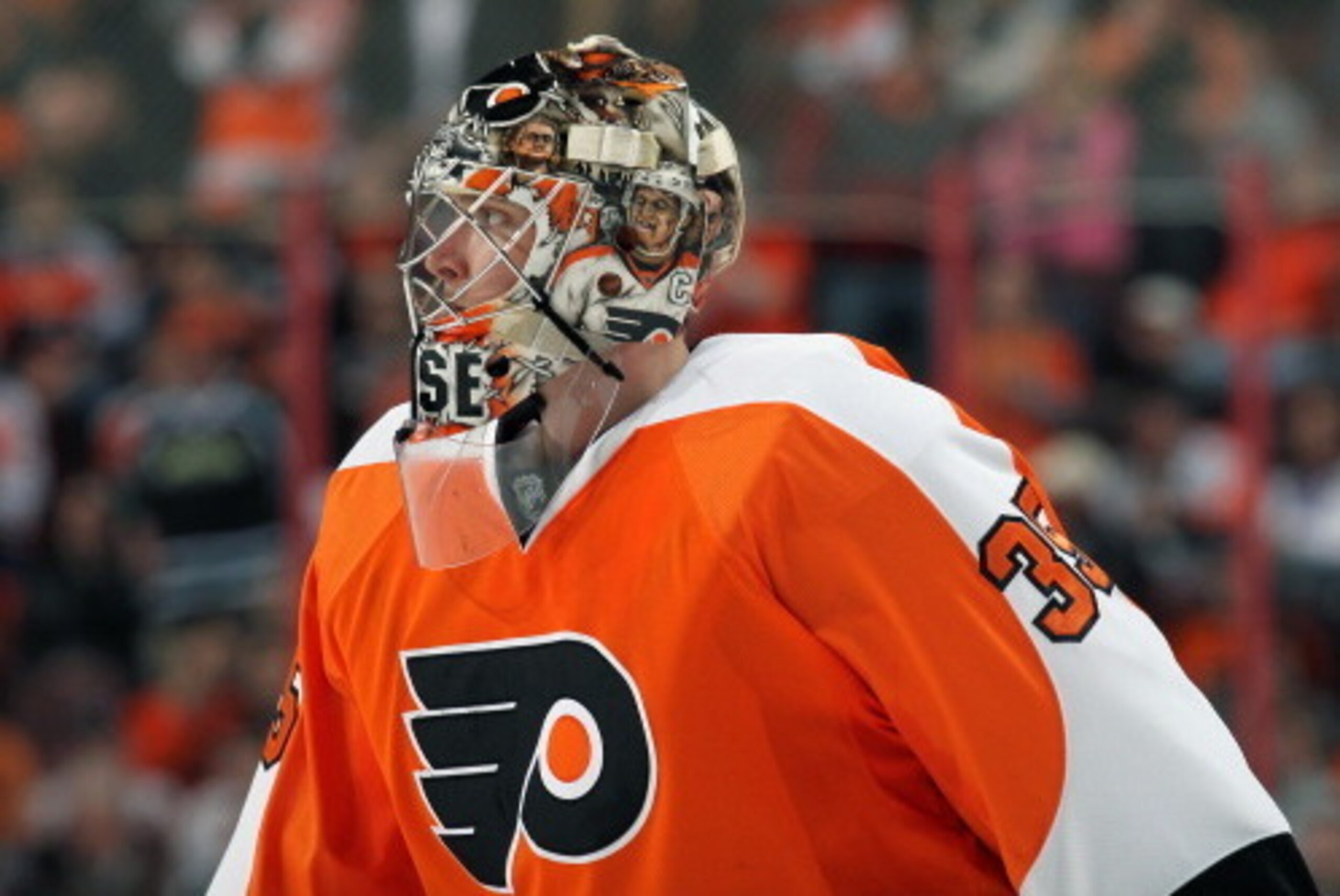 PHILADELPHIA, PA - MARCH 11:  Steve Mason #35 of the Philadelphia Flyers looks on against the New Jersey Devils on March 11, 2014 at the Wells Fargo Center in Philadelphia, Pennsylvania.  (Photo by Len Redkoles/NHLI via Getty Images)