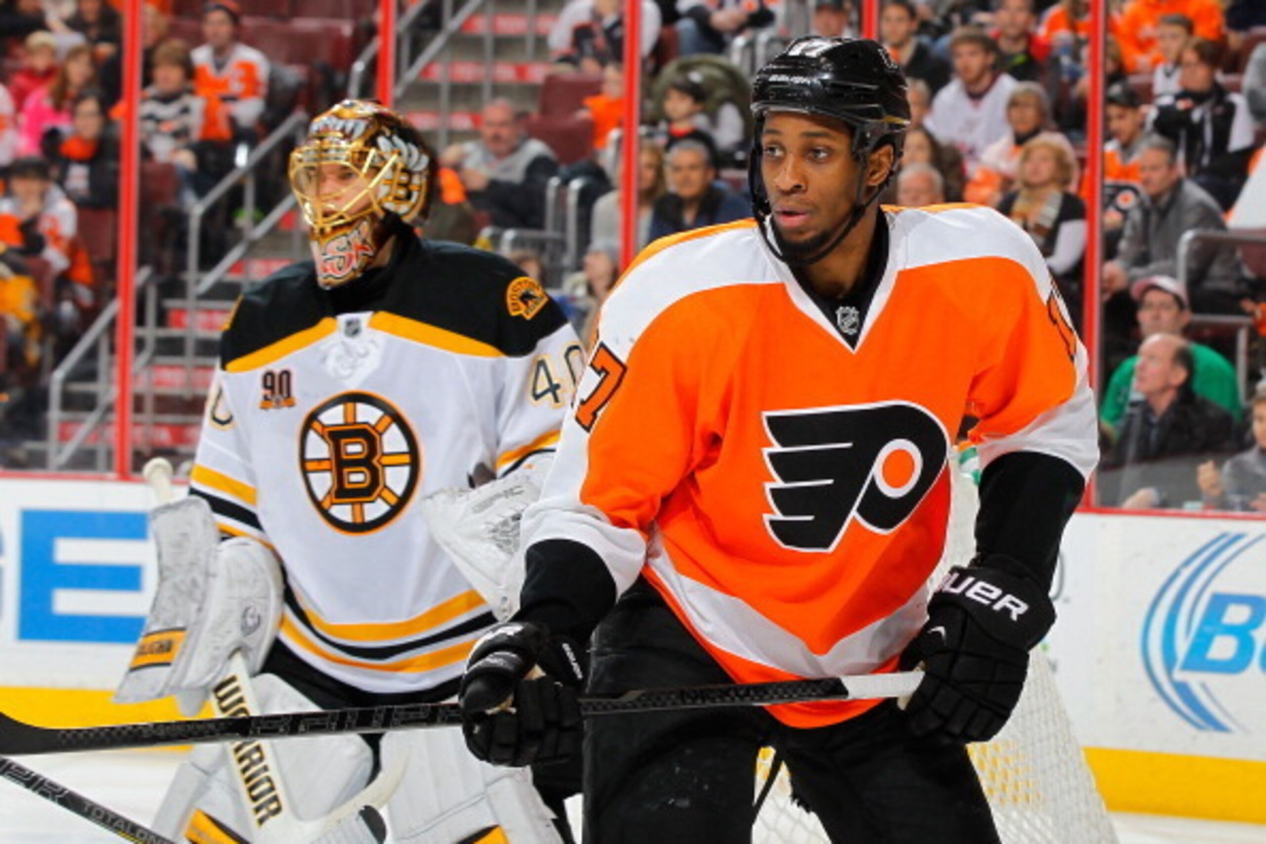PHILADELPHIA, PA - JANUARY 25:  Wayne Simmonds #17 of the Philadelphia Flyers in action against Tuukka Rask #40 of the Boston Bruins at the Wells Fargo Center on January 25, 2014  in Philadelphia, Pennsylvania. The Bruins defeated the Flyers 6-1.  (Photo 