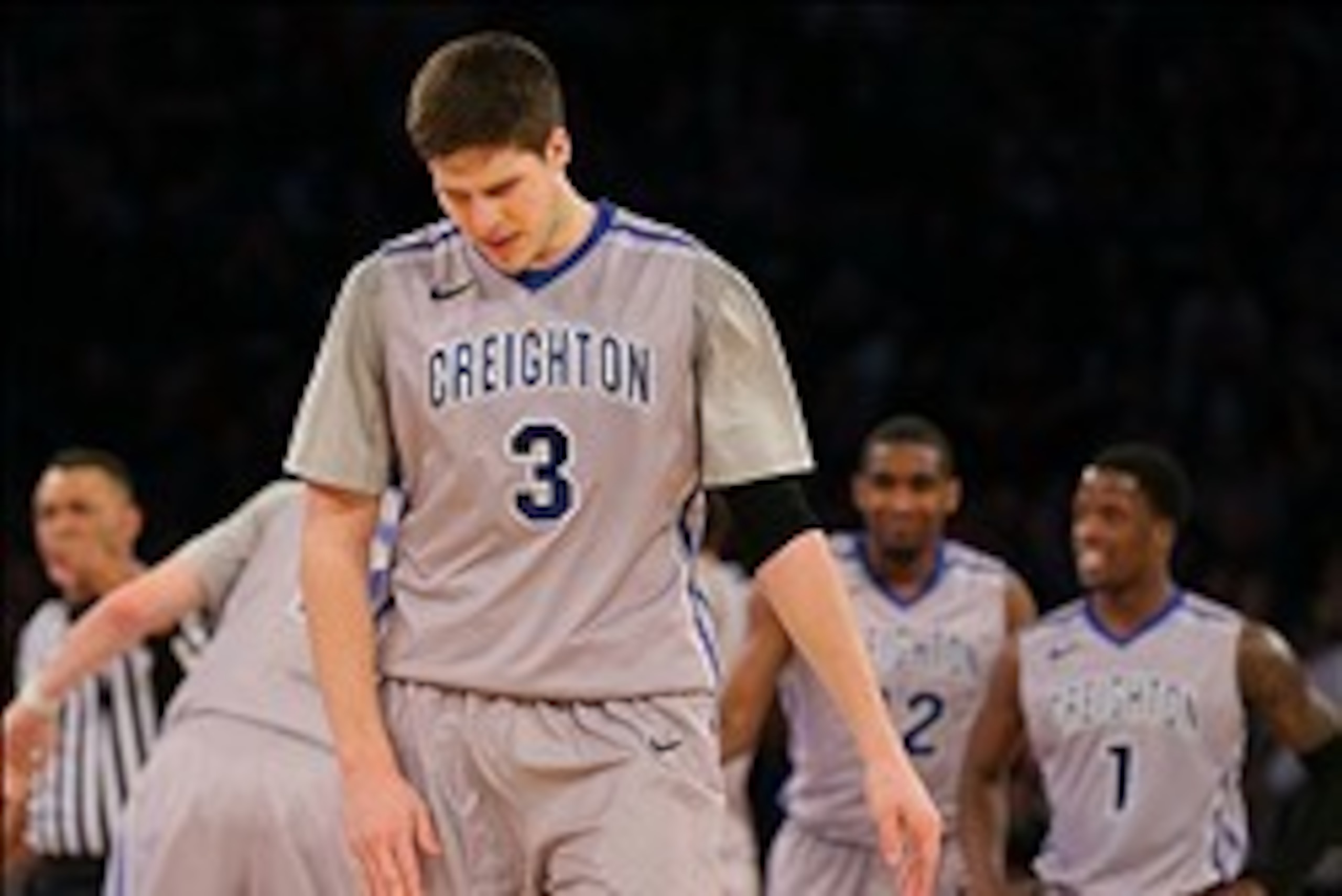 Mar 15, 2014; New York, NY, USA; Creighton Bluejays forward Doug McDermott (3) reacts against the Providence Friars during the second half in the championship game of the Big East college basketball tournament at Madison Square Garden. Mandatory Credit: A