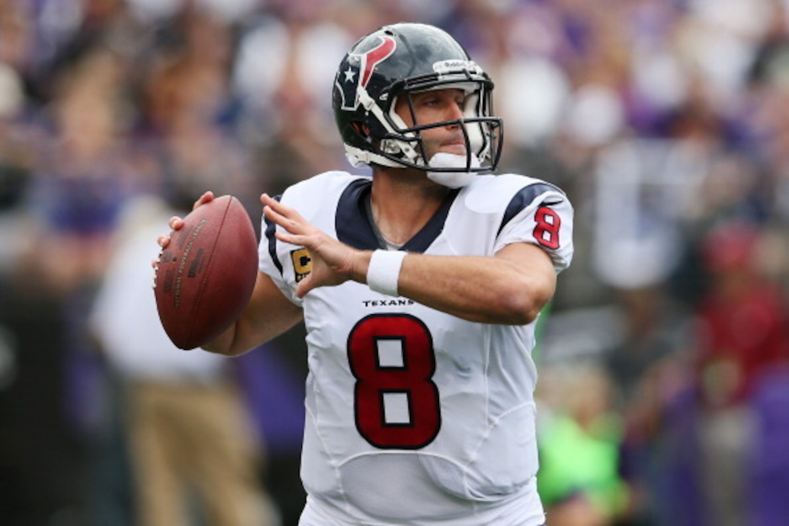 BALTIMORE, MD - SEPTEMBER 22: Quarterback Matt Schaub #8 of the Houston Texans looks to pass against the Baltimore Ravens during the first half at M&T Bank Stadium on September 22, 2013 in Baltimore, Maryland.  (Photo by Rob Carr/Getty Images)