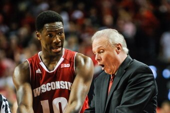 LINCOLN, NE - MARCH 9: Nigel Hayes #10 of the Wisconsin Badgers and head coach Bo Ryan discussing a recent play during their game at Pinnacle Bank Arena on March 9, 2014 in Lincoln, Nebraska. (Photo by Eric Francis/Getty Images)