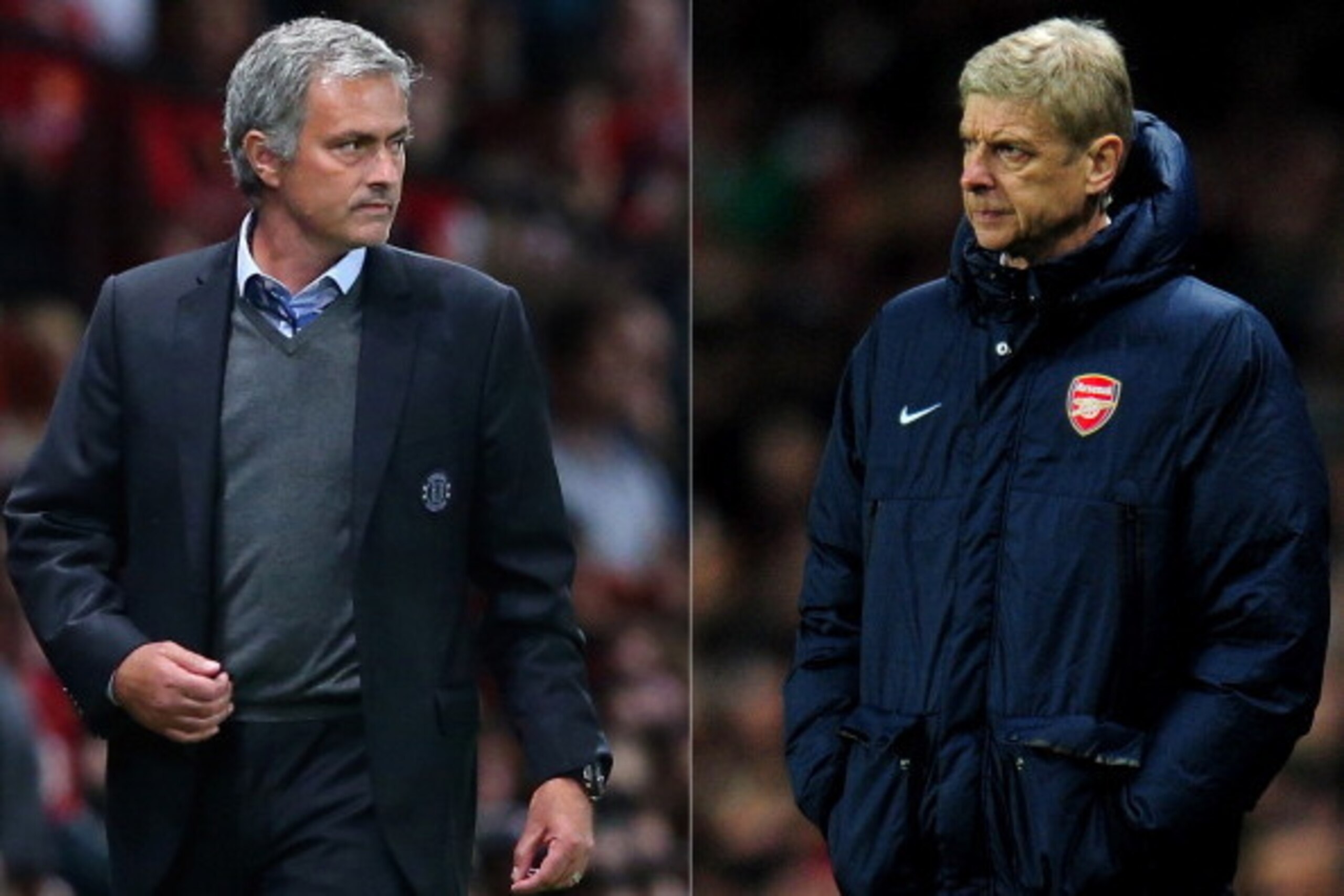 (FILE PHOTO - EDITORS NOTE: COMPOSITE OF TWO IMAGES - Image Numbers 177996036 (L) and 452339145) In this composite image a comparison has been made between Chelsea Manager Jose Mourinho (L) and Arsenal Manager Arsene Wenger. The Premier League match betwe (FILE PHOTO - EDITORS NOTE: COMPOSITE OF TWO IMAGES - Image Numbers 177996036 (L) and 452339145) In this composite image a comparison has been made between Chelsea Manager Jose Mourinho (L) and Arsenal Manager Arsene Wenger. The Premier League match betwe