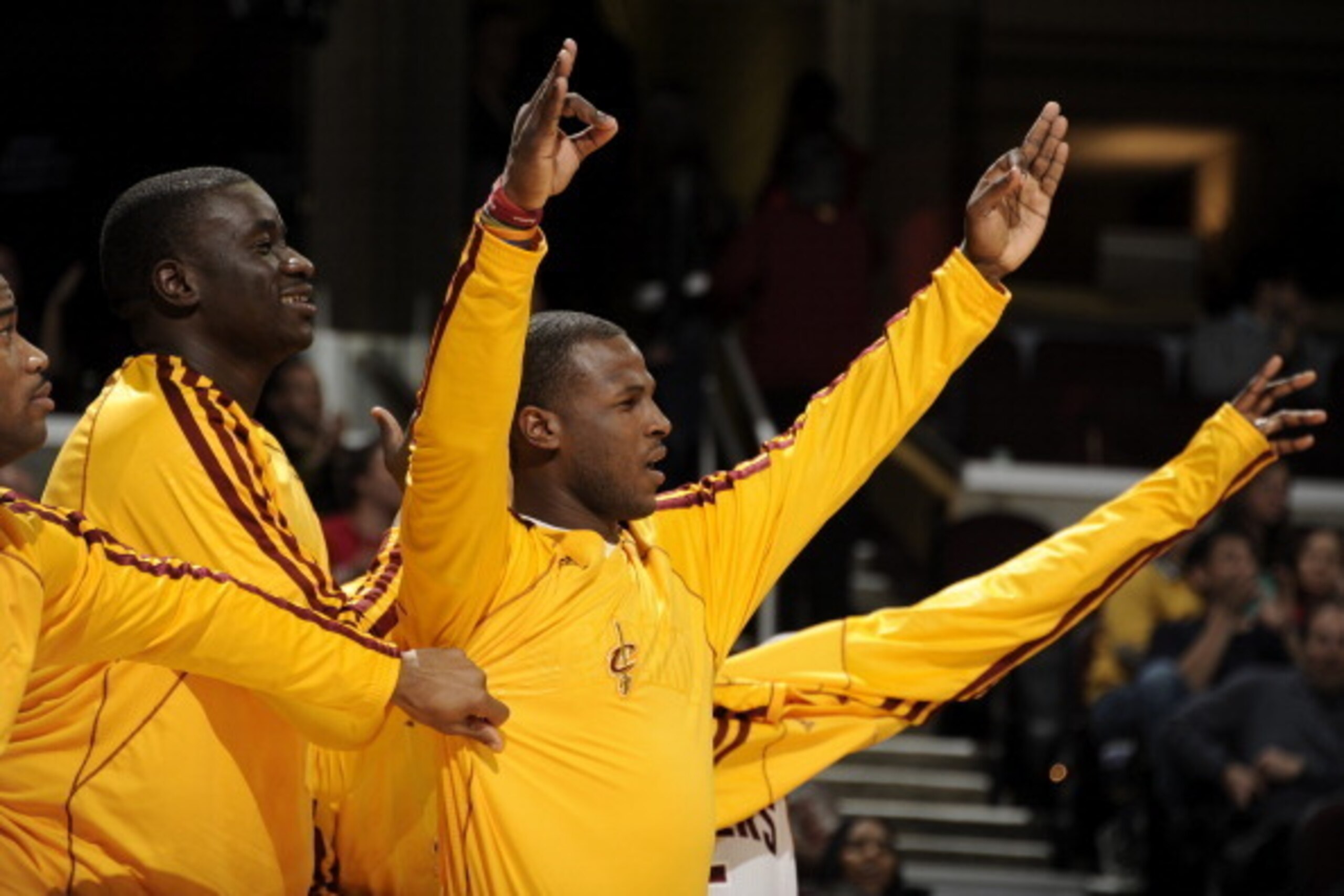 CLEVELAND, OH - OCTOBER 17:  DeSagana Diop #5 and Dion Waiters #3 of the Cleveland Cavaliers react to a dunk by Tristan Thompson #13 in the game against the Detroit Pistons at The Quicken Loans Arena on October 17, 2013 in Cleveland, Ohio. NOTE TO USER: U