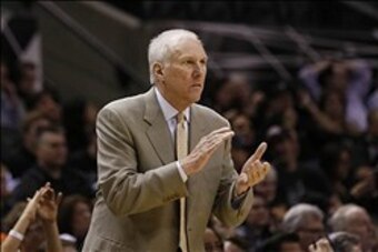 Feb 1, 2014; San Antonio, TX, USA; San Antonio Spurs head coach Gregg Popovich reacts during the second half against the Sacramento Kings at AT&T Center. The Spurs won 95-93. Mandatory Credit: Soobum Im-USA TODAY Sports