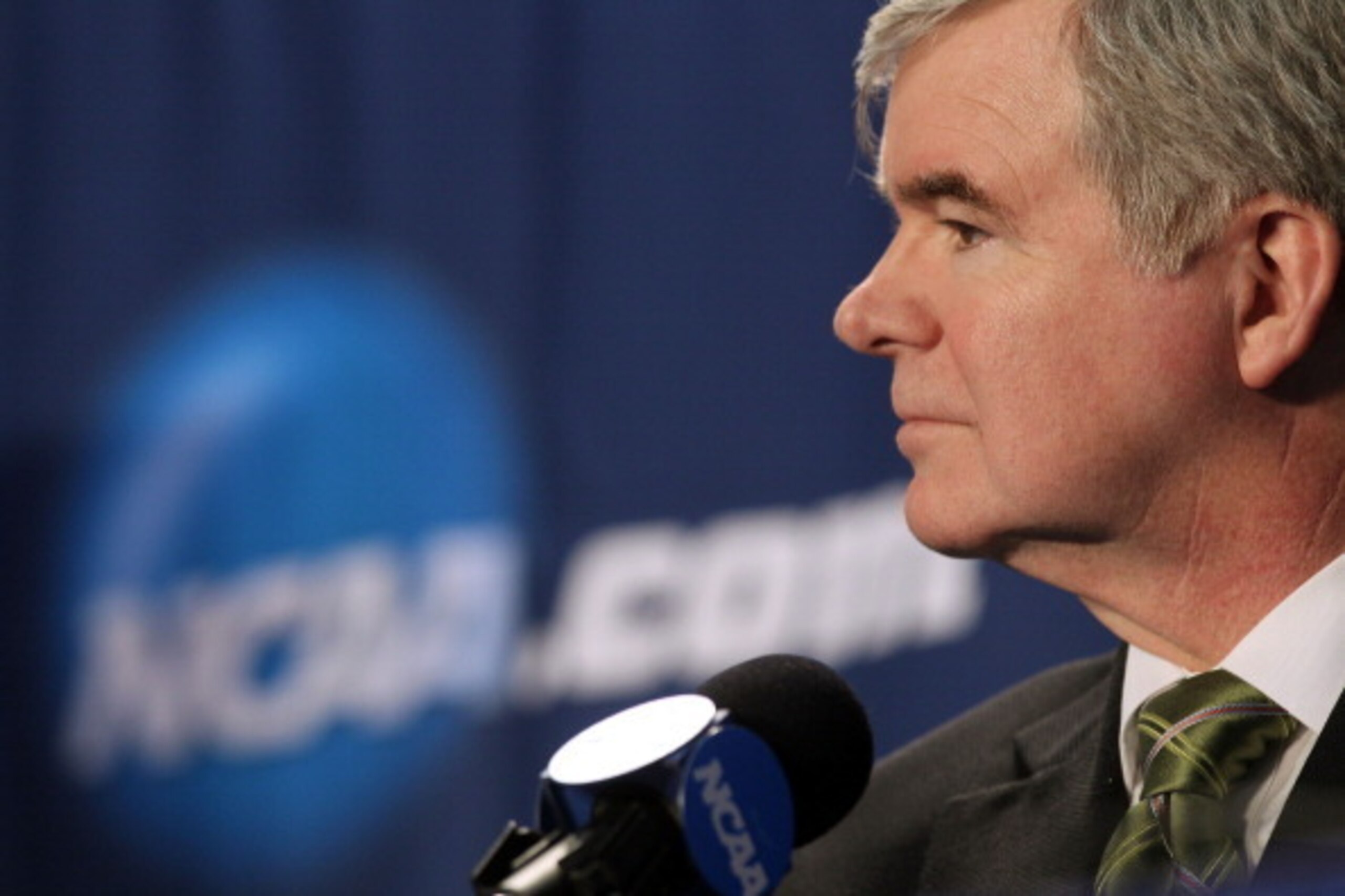 WASHINGTON - MARCH 17:  NCAA President Mark Emmert address the media during a press conference before the second round of the 2011 NCAA men's basketball tournament at the Verizon Center on March 17, 2011 in Washington, DC.  (Photo by Nick Laham/Getty Imag