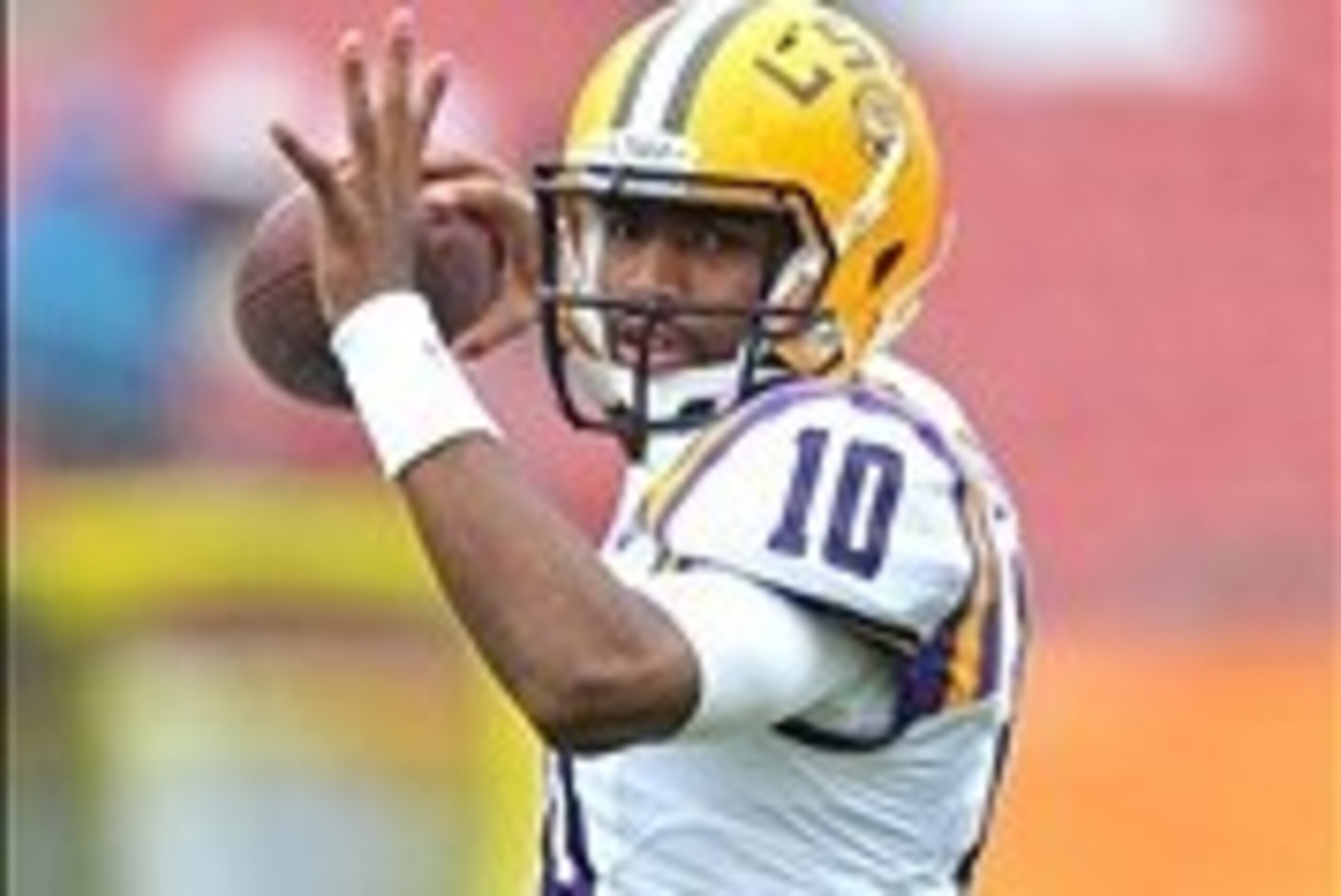 Jan 1, 2014; Tampa, Fl, USA; LSU Tigers quarterback Anthony Jennings (10) warms up before a game against Iowa Hawkeyes at Raymond James Stadium. Mandatory Credit: Steve Mitchell-USA TODAY Sports