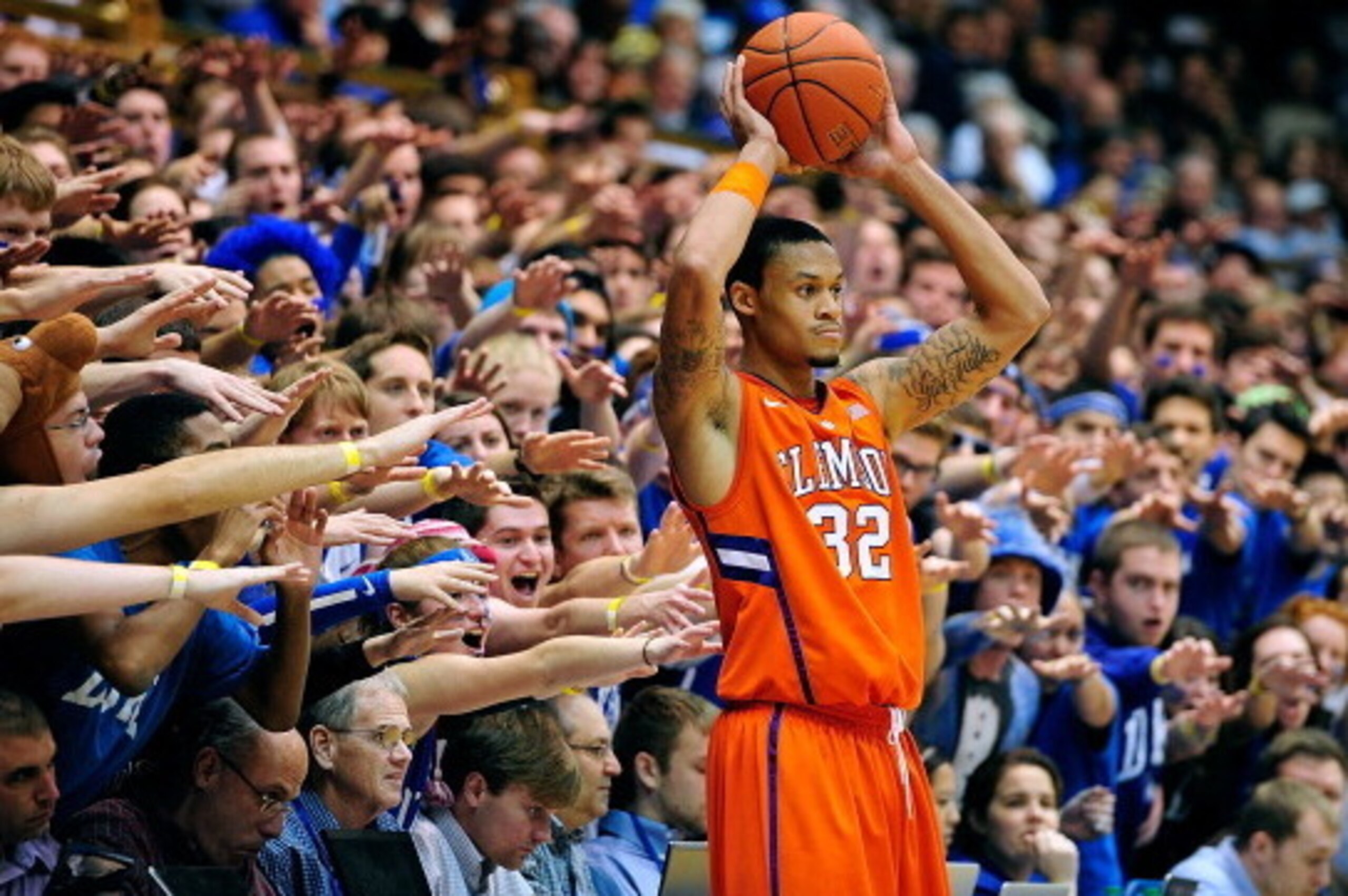 DURHAM, NC - JANUARY 08:  The Cameron Crazies taunt K.J. McDaniels #32 of the Clemson Tigers as he prepares to inbound the ball against the Duke Blue Devils during play at Cameron Indoor Stadium on January 8, 2013 in Durham, North Carolina. Duke won 68-40