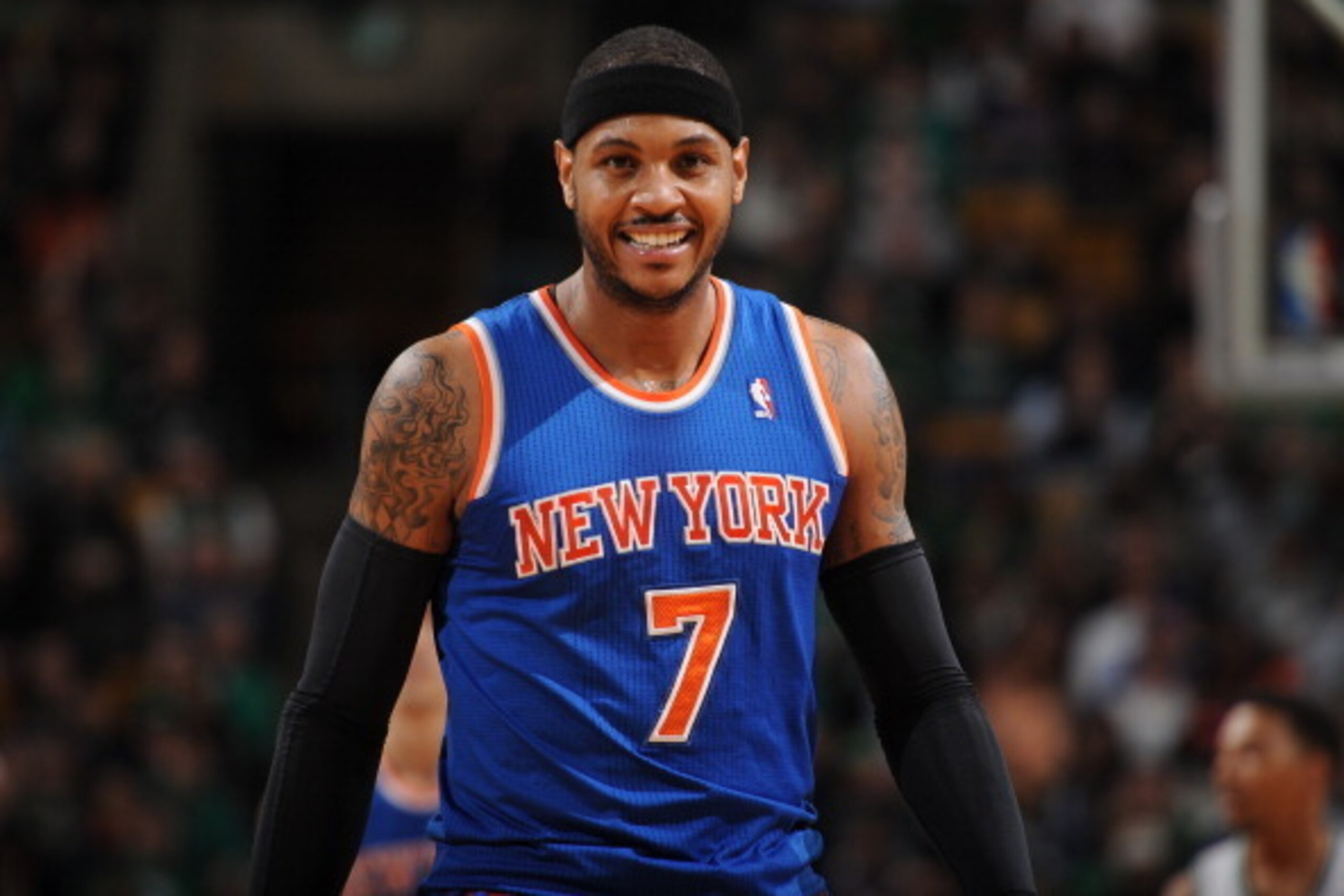 BOSTON, MA - MARCH 12: Carmelo Anthony #7 of the New York Knicks smliles during the game against the Boston Celtics on March 12, 2014 at the TD Garden in Boston, Massachusetts.  NOTE TO USER: User expressly acknowledges and agrees that, by downloading and