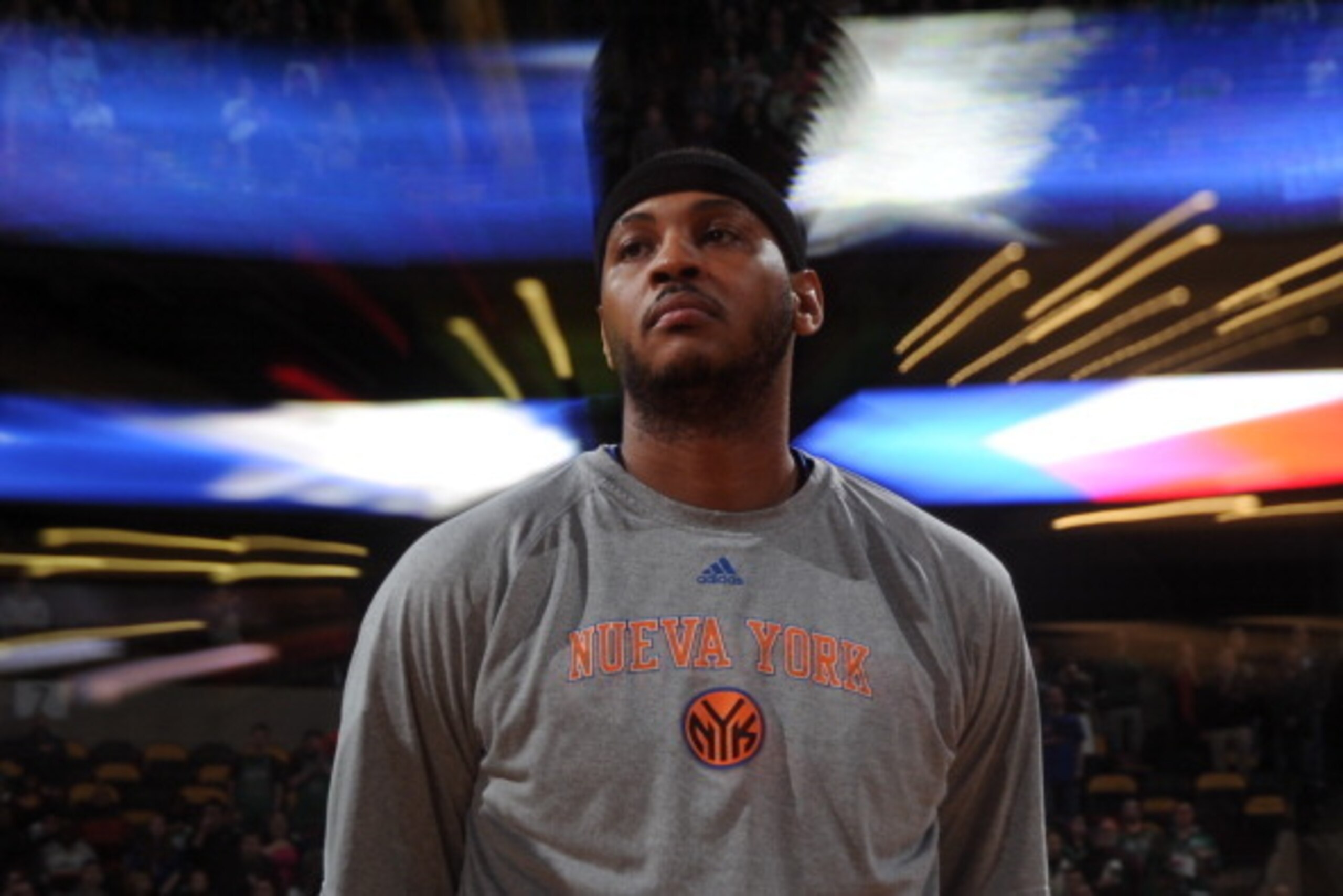 BOSTON, MA - MARCH 12: Carmelo Anthony #7 of the New York Knicks before the game against the Boston Celtics on March 12, 2014 at the TD Garden in Boston, Massachusetts.  NOTE TO USER: User expressly acknowledges and agrees that, by downloading and or usin