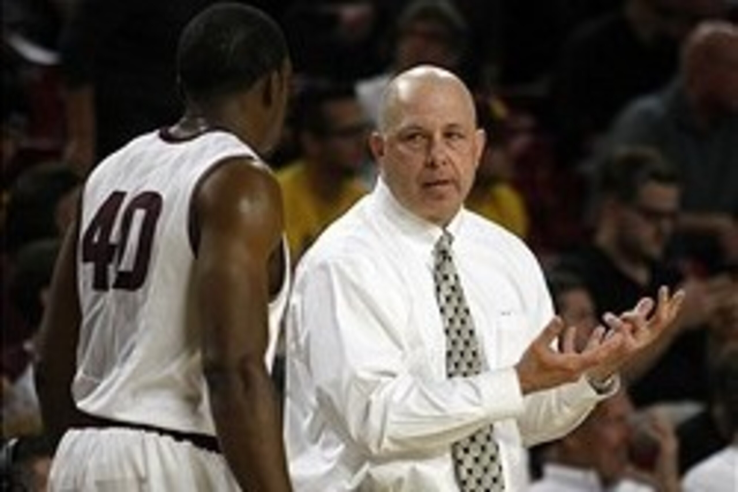 Feb 26, 2014; Tempe, AZ, USA; Arizona State Sun Devils head coach Herb Sendek talks to Shaquielle McKissic (40) during the second half against the Stanford Cardinal at Wells Fargo Arena. Mandatory Credit: Rick Scuteri-USA TODAY Sports