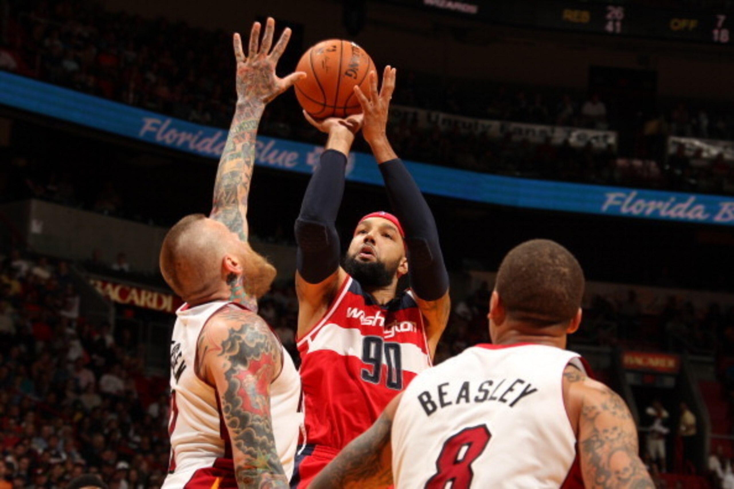 MIAMI, FL - March 10: Drew Gooden #90 of the Washington Wizards shoots the ball against the Miami Heat at the American Airlines Arena in Miami, Florida on March 10 2014. NOTE TO USER: User expressly acknowledges and agrees that, by downloading and/or usin MIAMI, FL - March 10: Drew Gooden #90 of the Washington Wizards shoots the ball against the Miami Heat at the American Airlines Arena in Miami, Florida on March 10 2014. NOTE TO USER: User expressly acknowledges and agrees that, by downloading and/or usin