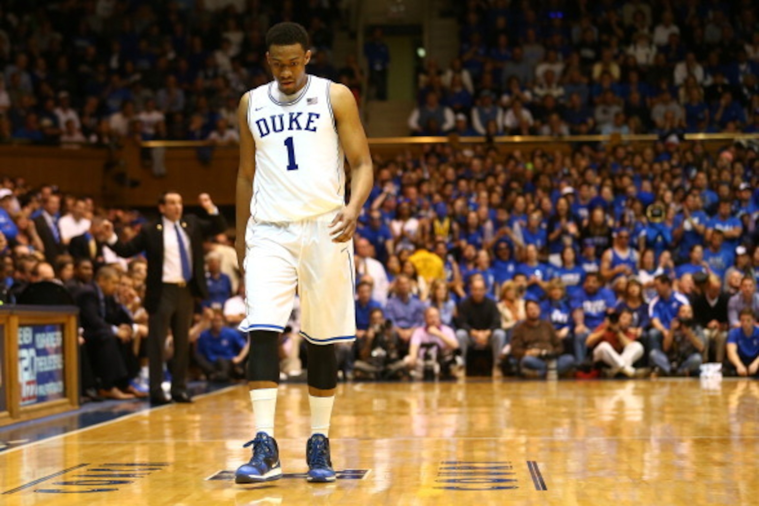 DURHAM, NC - MARCH 08:  Jabari Parker #1 of the Duke Blue Devils during their game at Cameron Indoor Stadium on March 8, 2014 in Durham, North Carolina.  (Photo by Streeter Lecka/Getty Images)