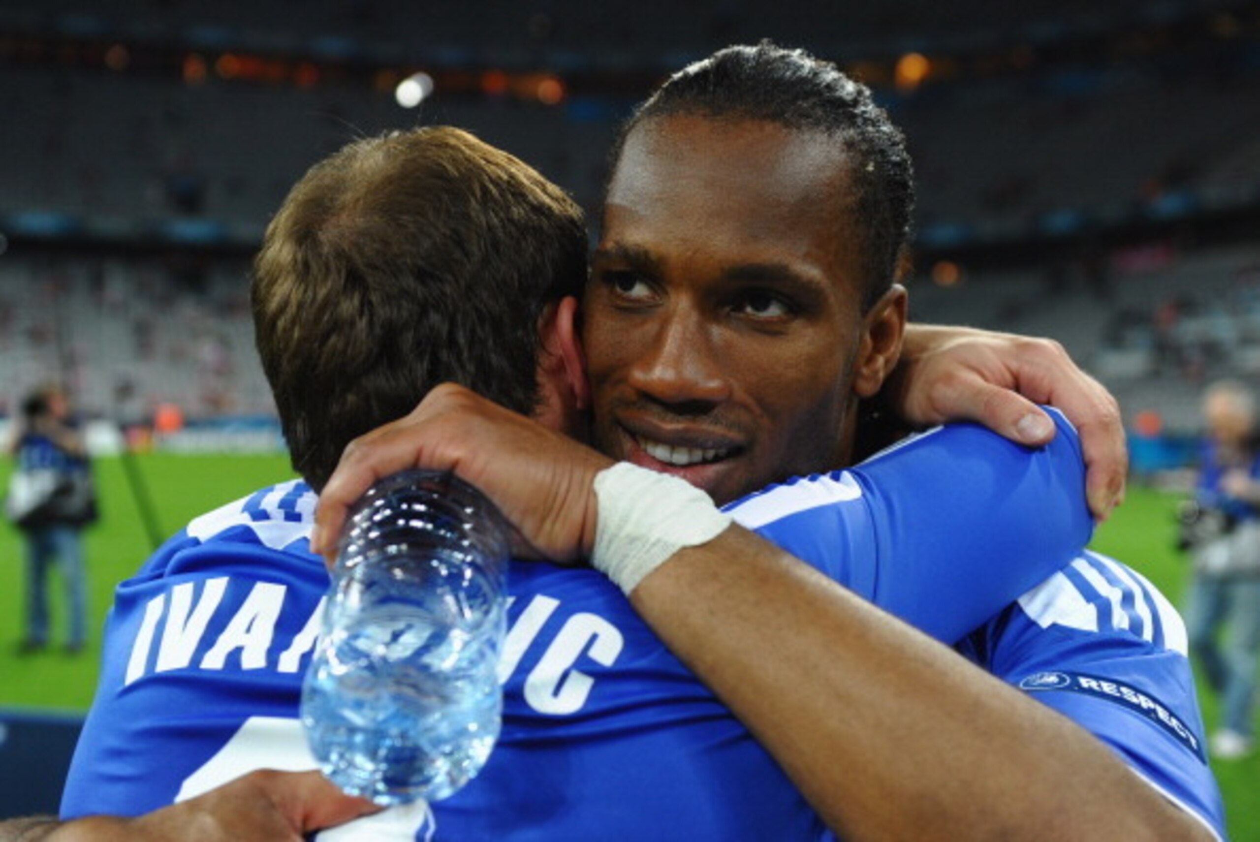 MUNICH, GERMANY - MAY 19:  Didier Drogba and Branislav Ivanovic of Chelsea celebrate after their victory in the UEFA Champions League Final between FC Bayern Muenchen and Chelsea at the Fussball Arena München on May 19, 2012 in Munich, Germany.  (Photo by
