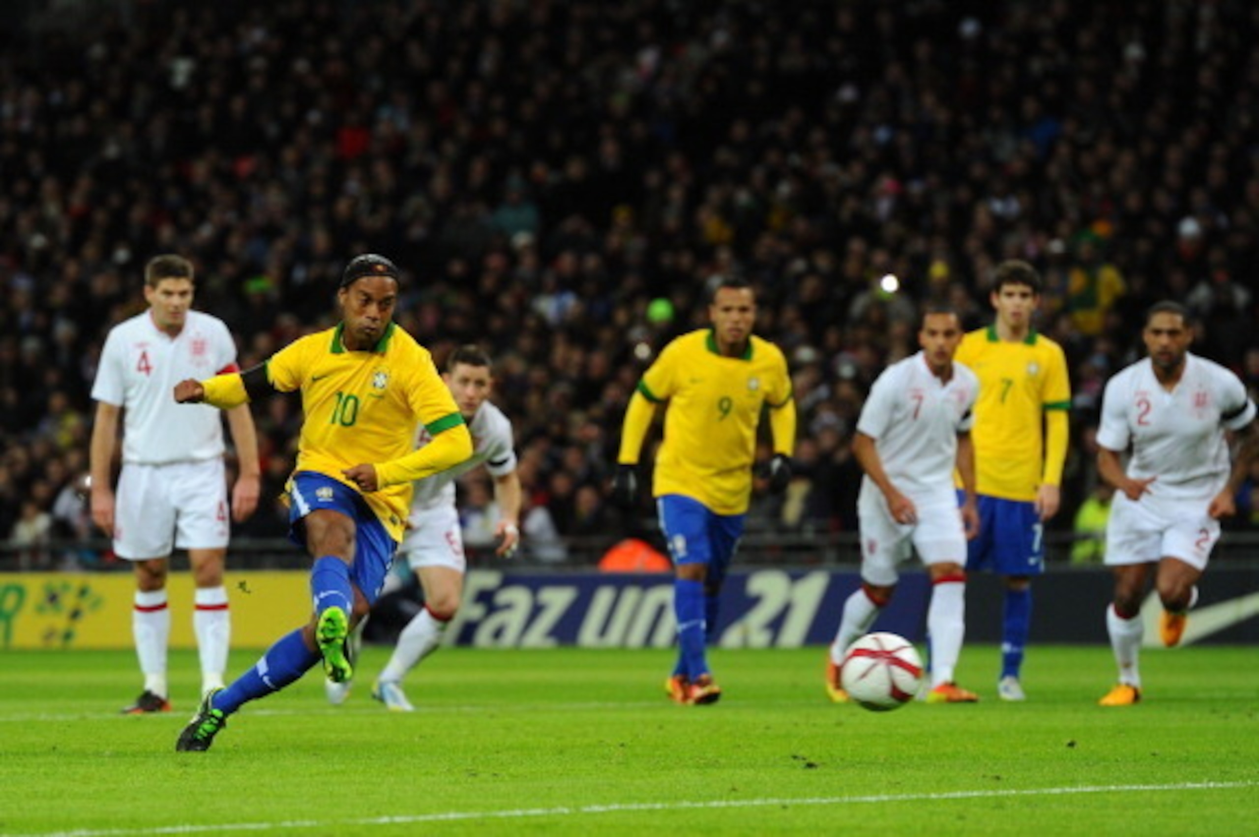 LONDON, ENGLAND - FEBRUARY 06:  Ronaldinho of Brazil shoots and sees his penalty saved by Joe Hart of England (not pictured) during the International friendly between England and Brazil at Wembley Stadium on February 6, 2013 in London, England.  (Photo by