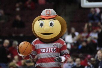 COLUMBUS, OH - JANUARY 4:  Ohio State Mascot Brutus the Buckeye goofs around with a basketball prior to the start of the game against the Nebraska Cornhuskers on January 4, 20114 at Value City Arena in Columbus, Ohio.  Ohio State won by a final score of 8