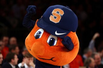 NEW YORK, NY - MARCH 14:  Otto, the mascot for the Syracuse Orange performs against the Pittsburgh Panthers during the quaterfinals of the Big East Men's Basketball Tournament at Madison Square Garden on March 14, 2013 in New York City.  (Photo by Elsa/Ge