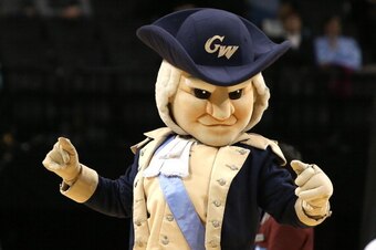 NEW YORK, NY - MARCH 15: The George Washington Colonials mascot walks on the court in the second half against the Virginia Commonwealth Rams during the Semifinals of the 2014 Atlantic 10 Men's Basketball Tournament  at Barclays Center on March 15, 2014 in