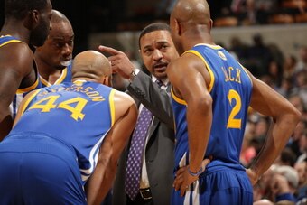 INDIANAPOLIS, IN - FEBRUARY 26:  Richard Jefferson #44, Jarrett Jack #2 and Mark Jackson of the Golden State Warriors huddle up during the game against the Indiana Pacers on February 26, 2013 at Bankers Life Fieldhouse in Indianapolis, Indiana.  NOTE TO U