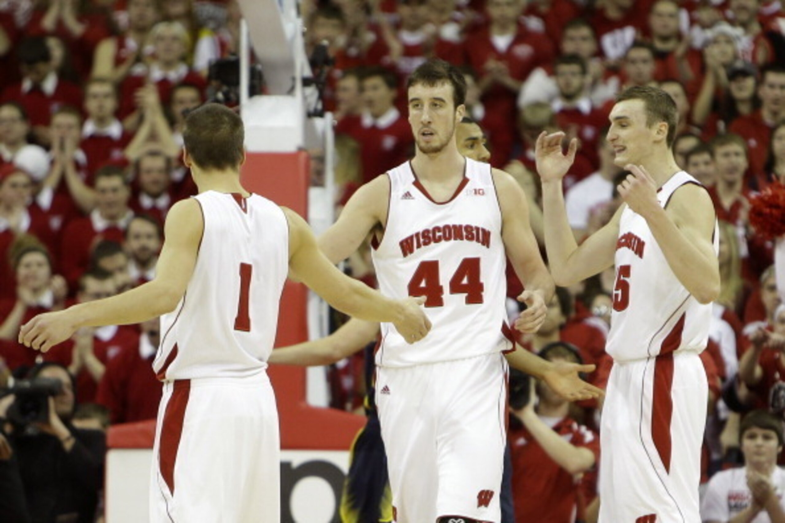 MADISON, WI - JANUARY 18: Frank Kaminsky #44 of the Wisconsin Badgers celebrates after drawing a foul during the first half of play against the Michigan Wolverines against the Wisconsin Badgers at Kohl Center on January 18, 2014 in Madison, Wisconsin. (Ph MADISON, WI - JANUARY 18: Frank Kaminsky #44 of the Wisconsin Badgers celebrates after drawing a foul during the first half of play against the Michigan Wolverines against the Wisconsin Badgers at Kohl Center on January 18, 2014 in Madison, Wisconsin. (Ph