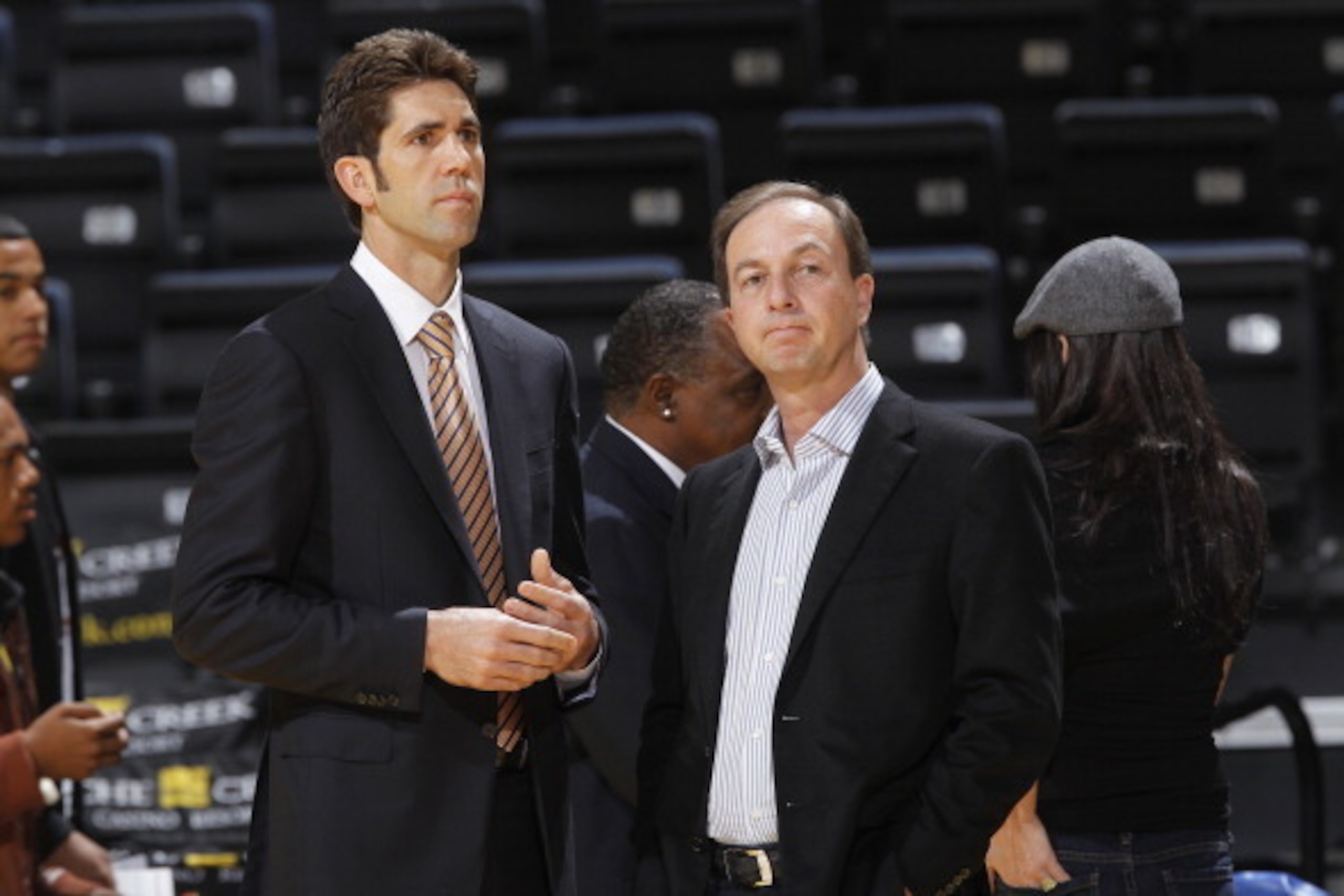 OAKLAND, CA - MARCH 24: Golden State Warriors assistant manager Bob Myers and owner Joe Lacob watch their team warm up before a game against the Sacramento Kings on March 24, 2012 at Oracle Arena in Oakland, California. NOTE TO USER: User expressly acknow