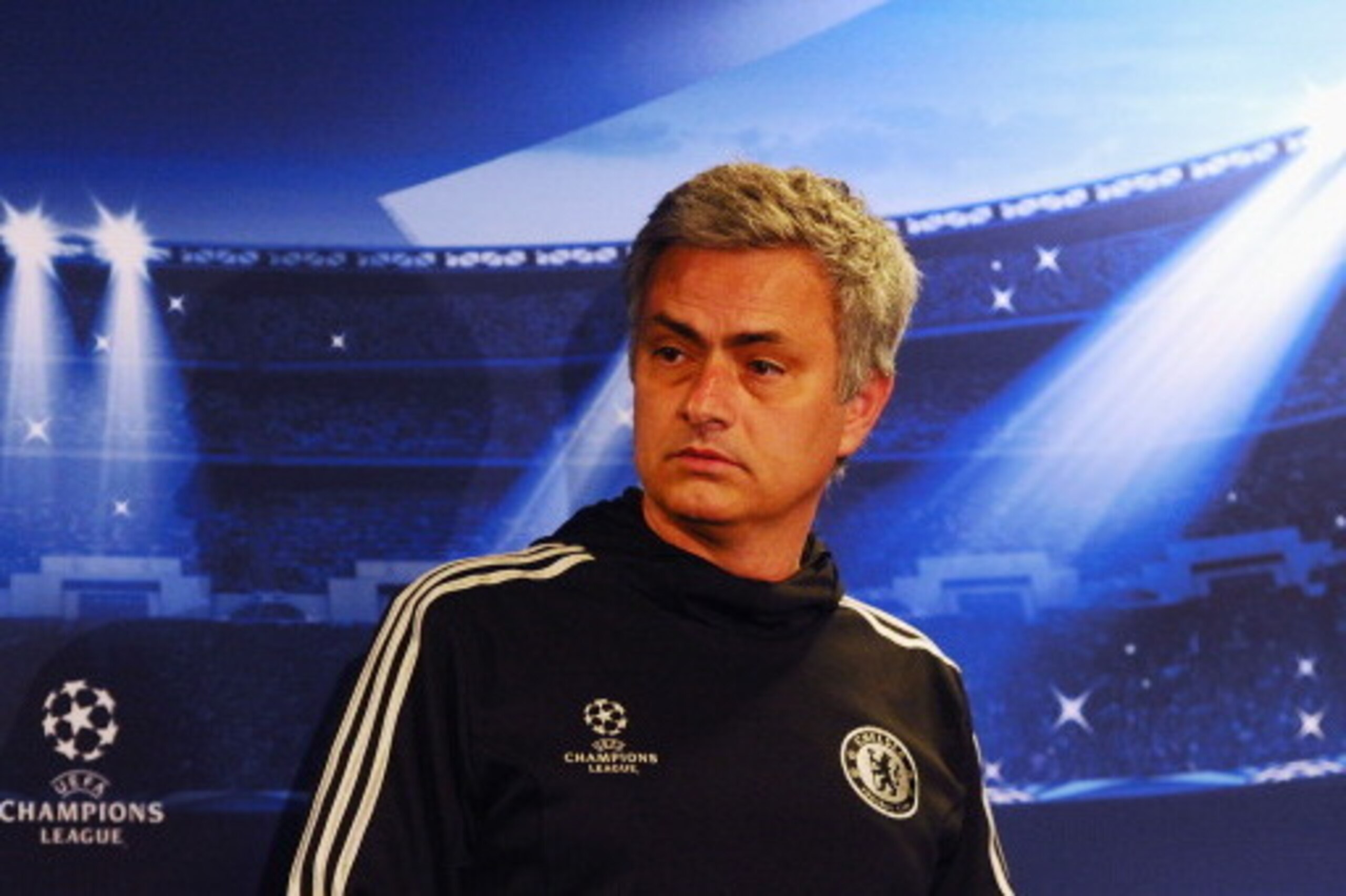LONDON, ENGLAND - MARCH 17:  Chelsea coach Jose Mourinho keeps a straight face during a Chelsea press conference ahead of their match against Galatasaray at Stamford Bridge on March 17, 2014 in London, England.  (Photo by Mike Hewitt/Getty Images)